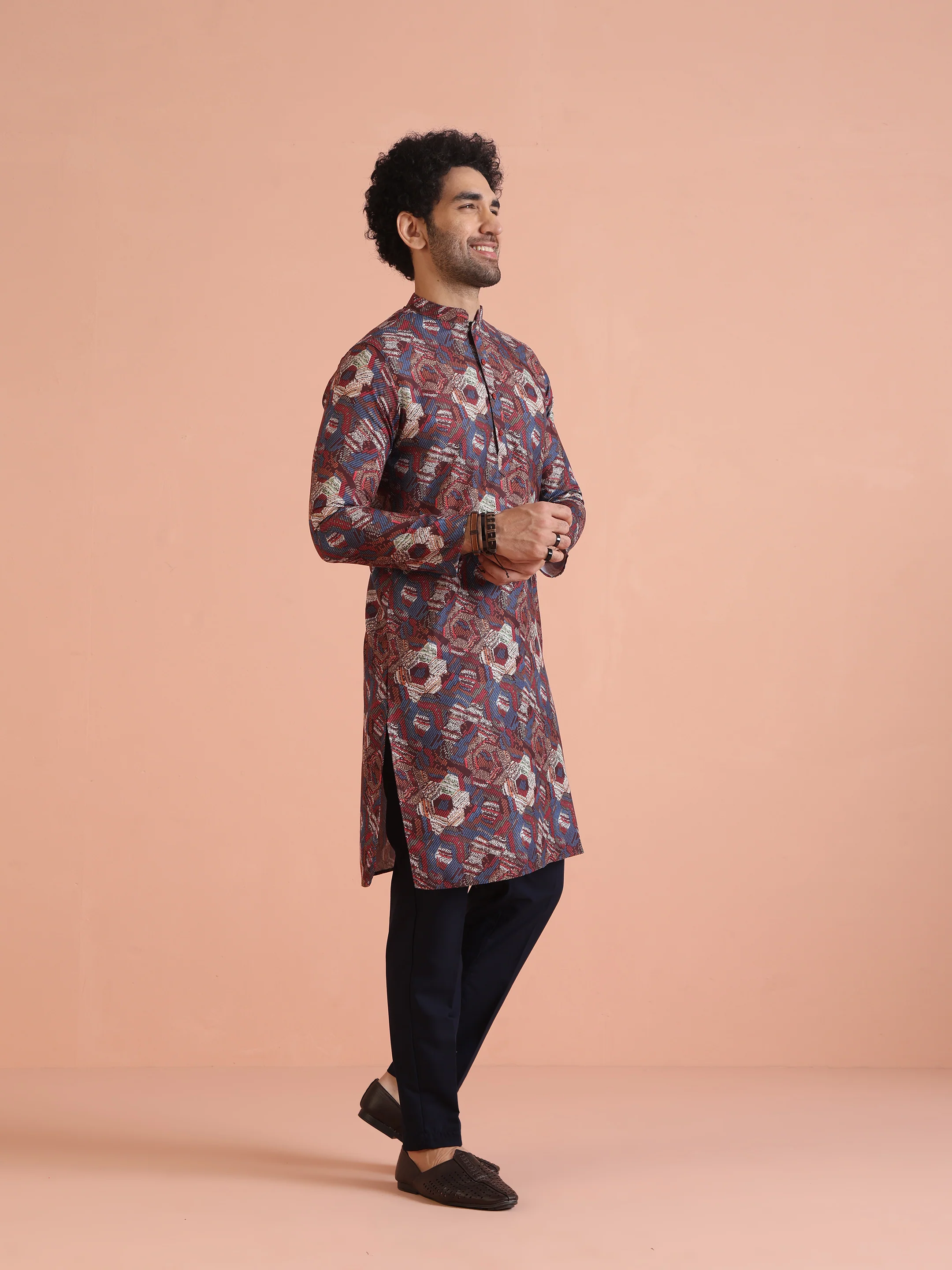 Multicolor Printed Cotton Kurta Set with Geometric Motifs and Navy Blue Trousers – Festive & Wedding Ensemble - Image 3