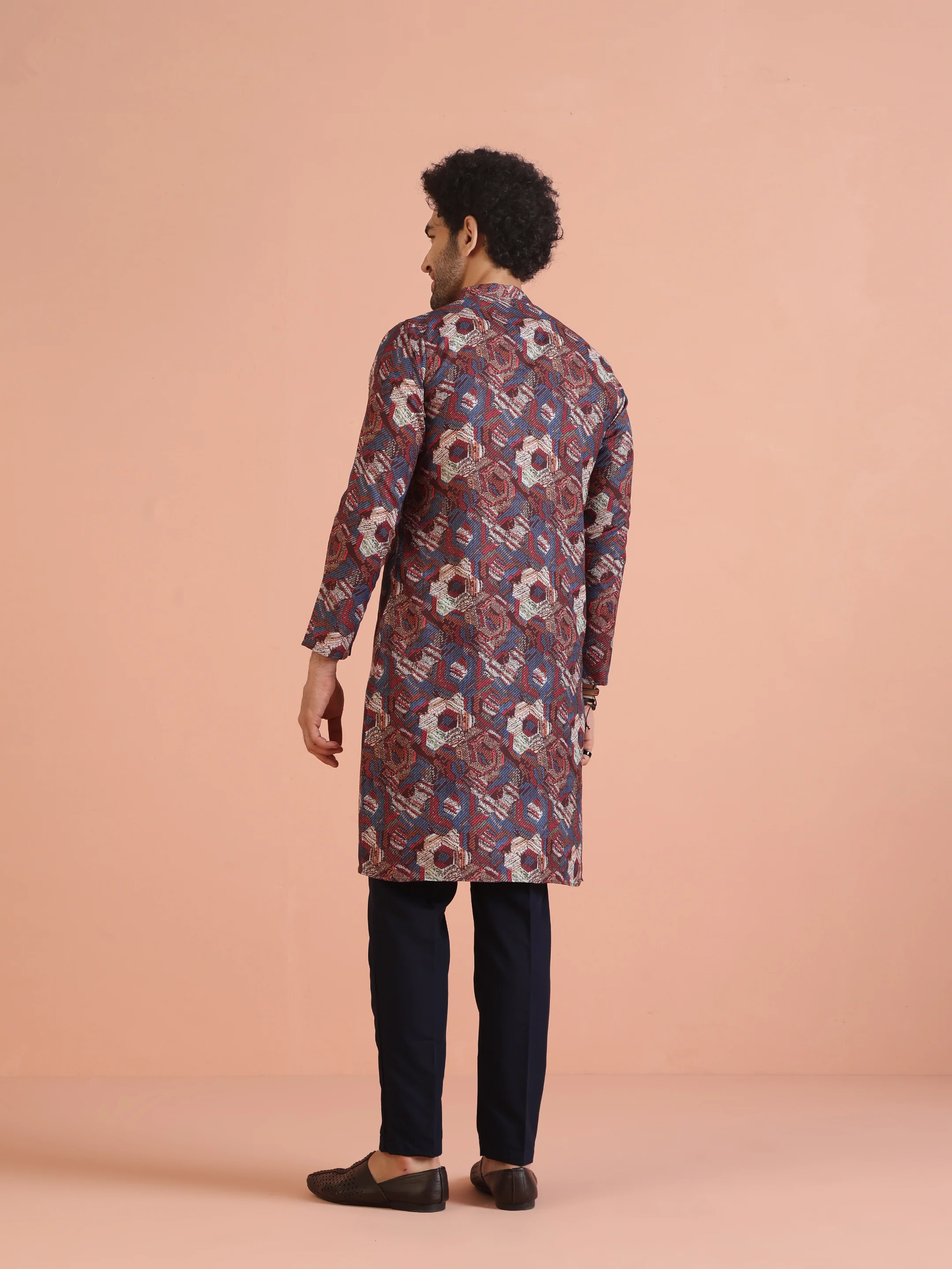 Multicolor Printed Cotton Kurta Set with Geometric Motifs and Navy Blue Trousers – Festive & Wedding Ensemble - Image 4