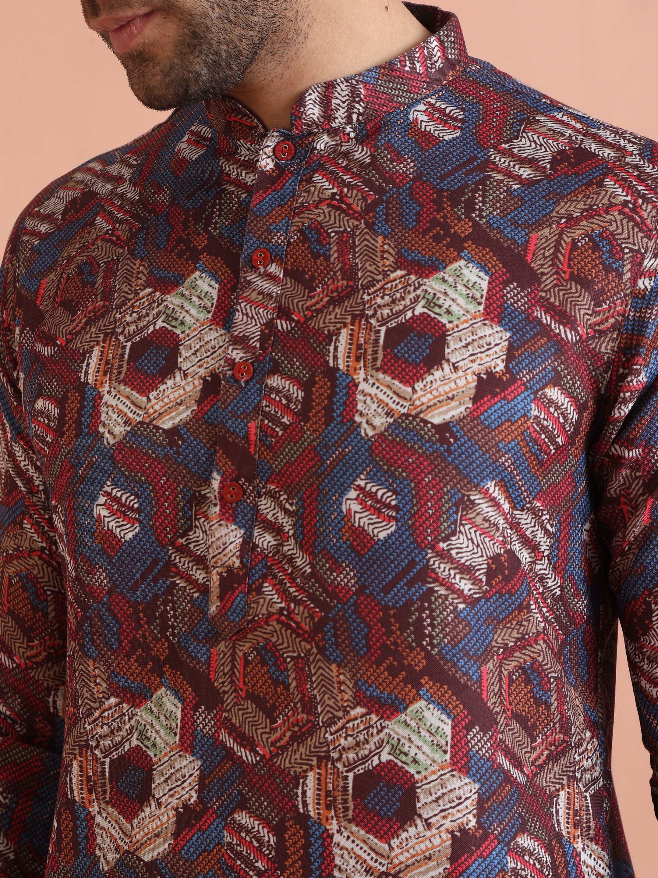 Multicolor Printed Cotton Kurta Set with Geometric Motifs and Navy Blue Trousers – Festive & Wedding Ensemble - Image 5