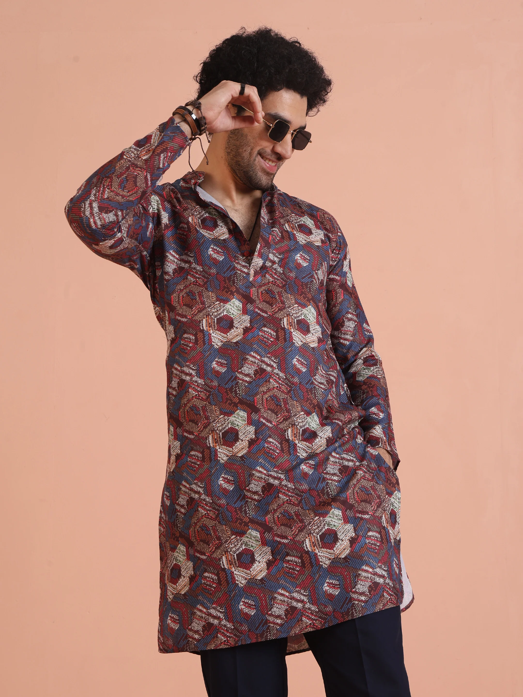 Multicolor Printed Cotton Kurta Set with Geometric Motifs and Navy Blue Trousers – Festive & Wedding Ensemble - Image 6