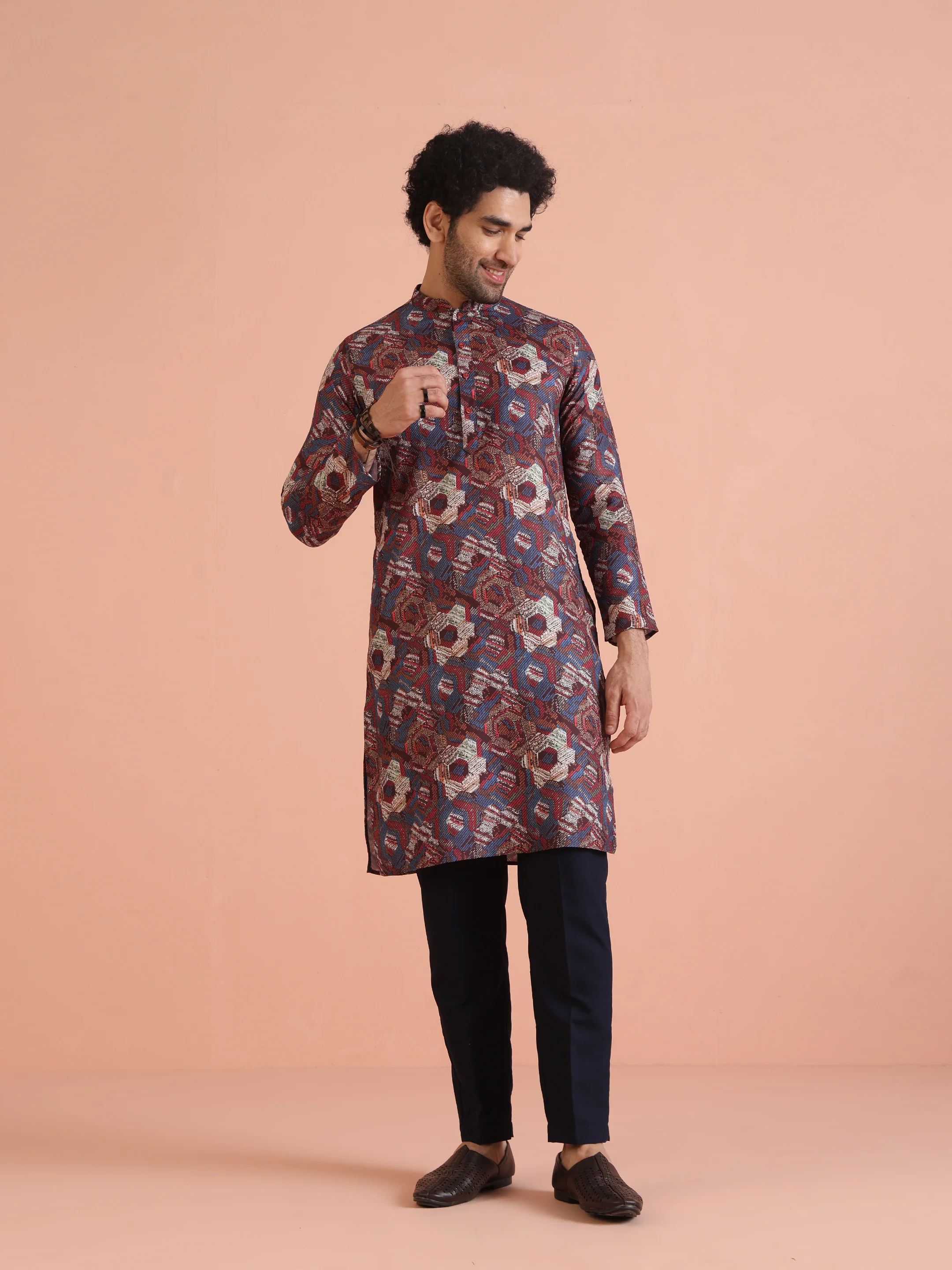 Multicolor Printed Cotton Kurta Set with Geometric Motifs and Navy Blue Trousers – Festive & Wedding Ensemble - Image 7