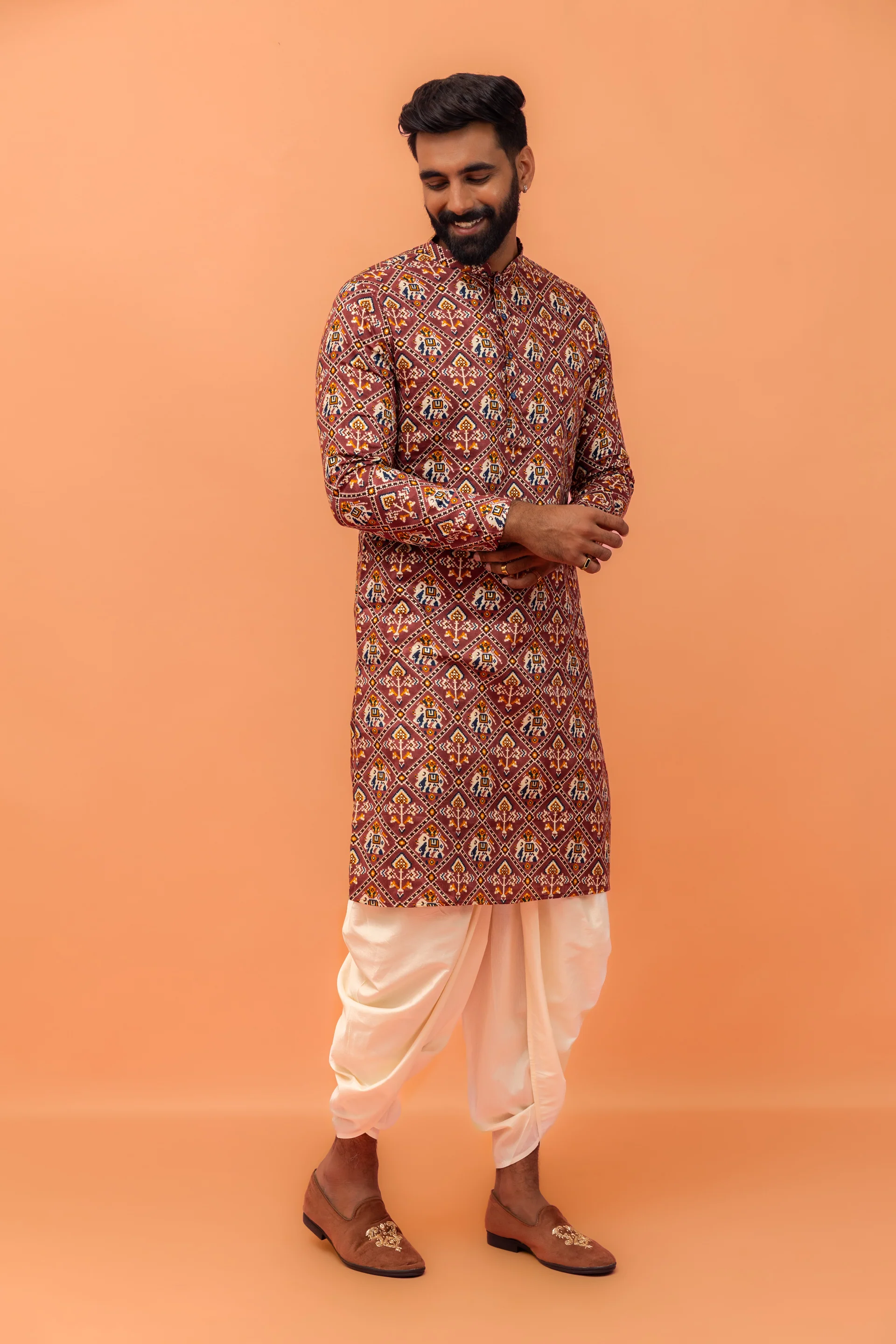 Maroon Printed Cotton Kurta Dhoti Set - Image 3