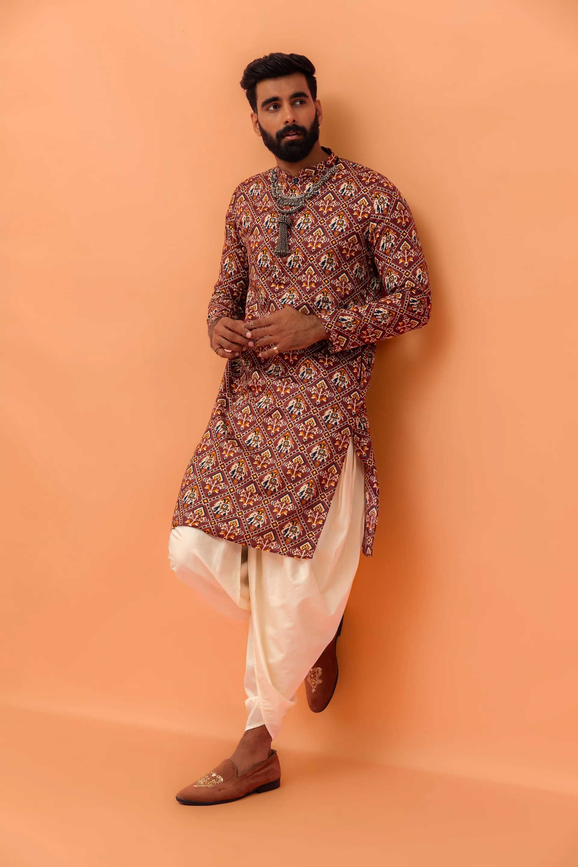 Maroon Printed Cotton Kurta Dhoti Set - Image 7