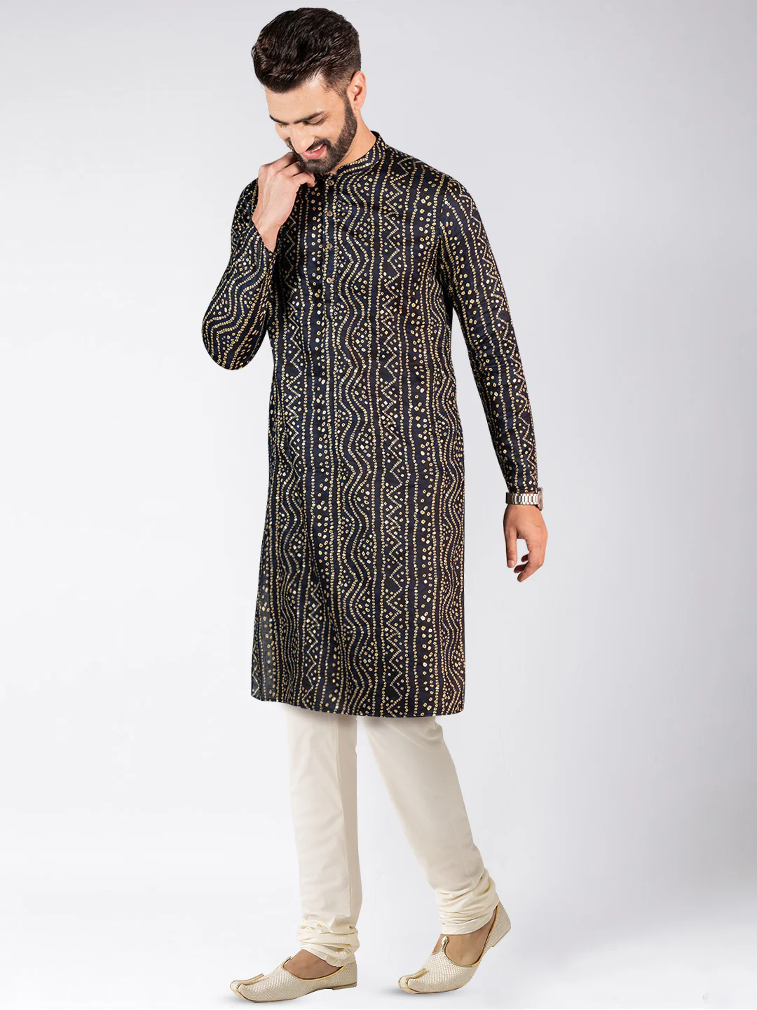 Men's Navy Blue Kurta Churidar Set - Image 3