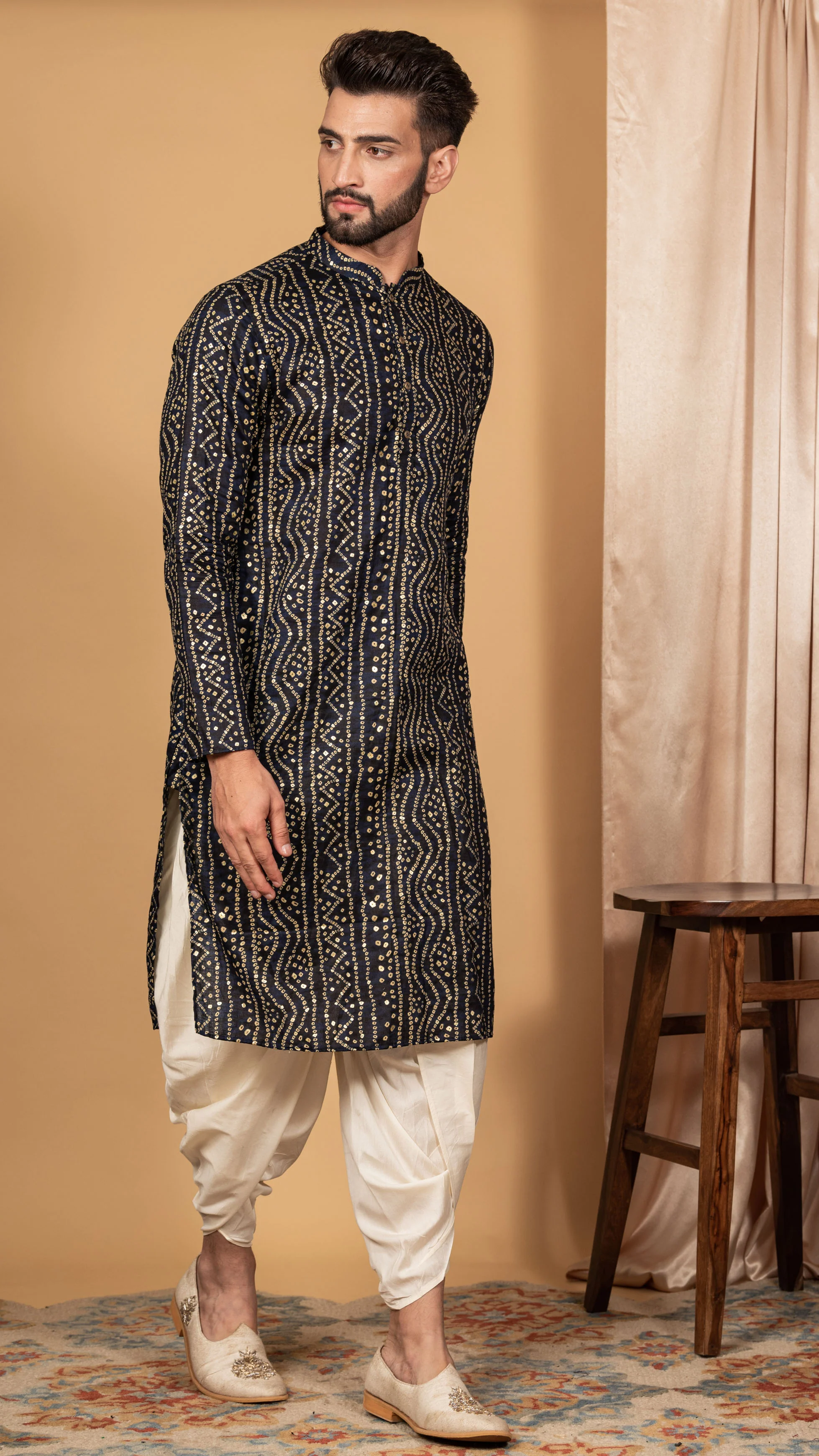 Men's Navy Blue Kurta Dhoti Pants Set - Image 2