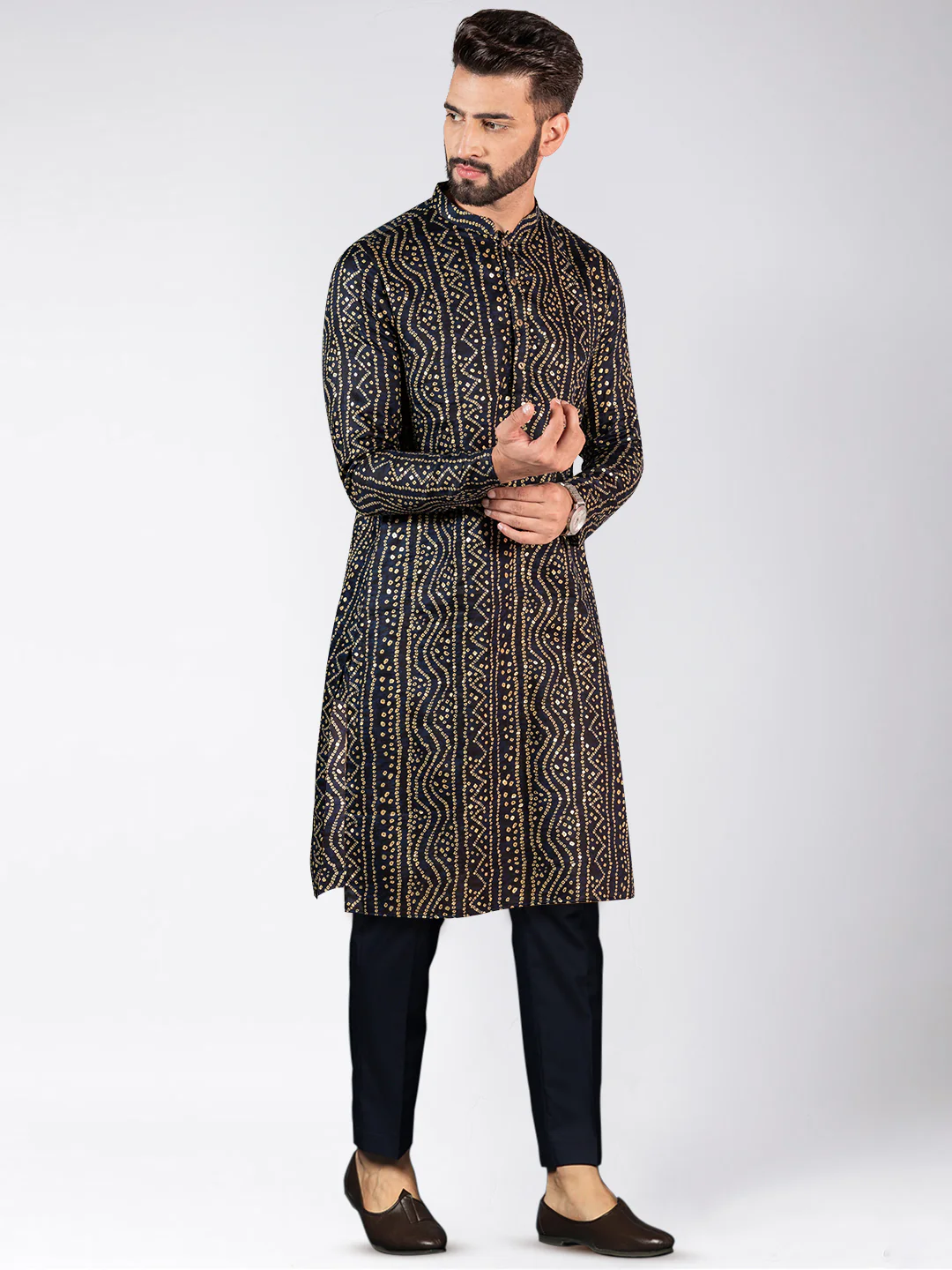 Men's Navy Blue Kurta Trousers Set - Image 2