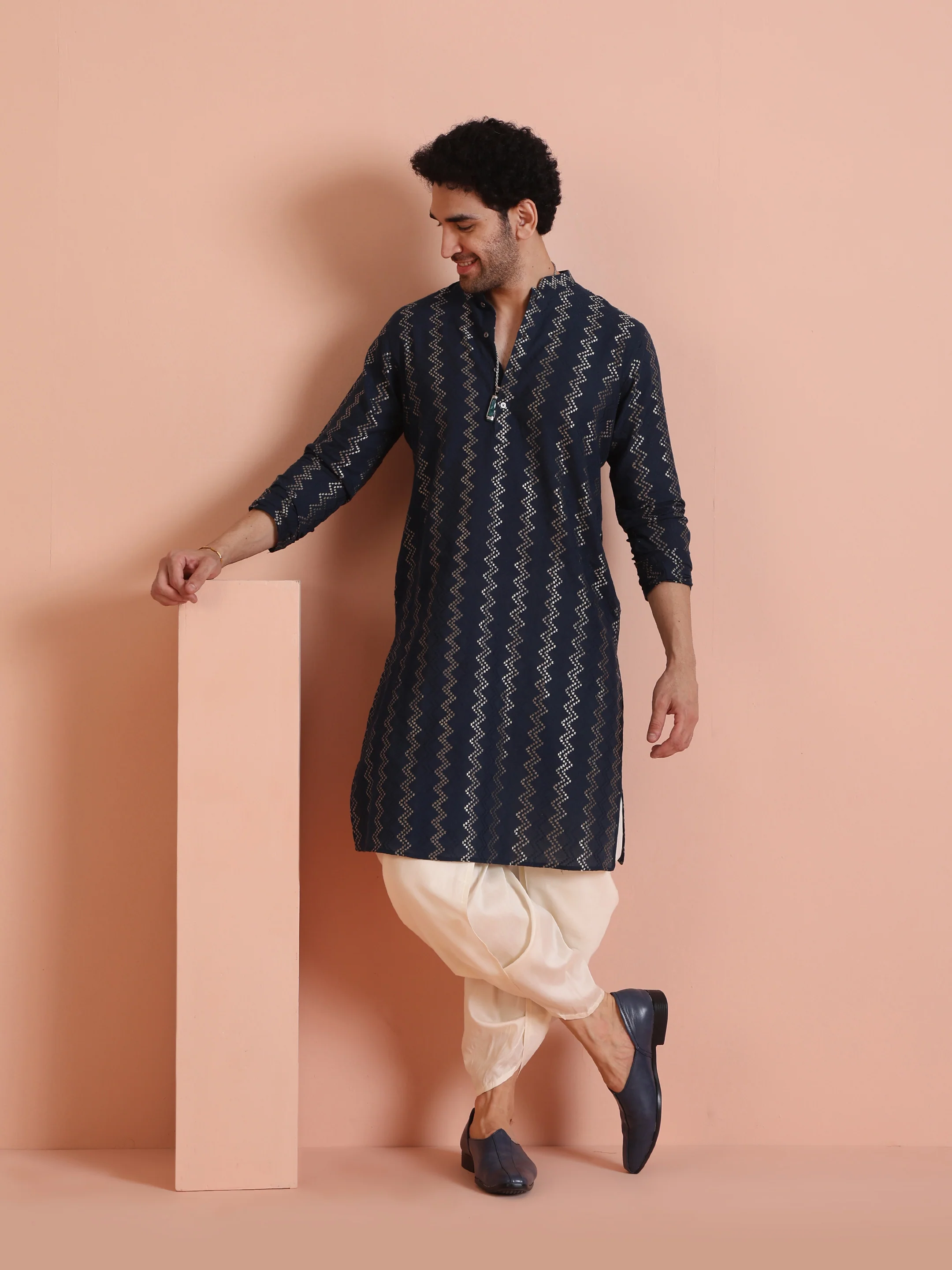 Navy Art Silk Zigzag Kurta - Image 7