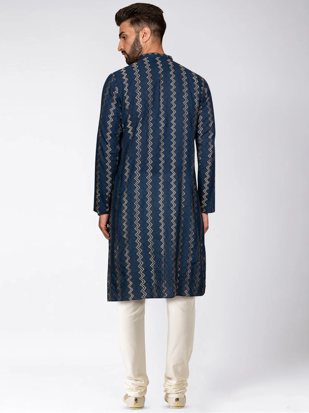 Navy Art Silk Zigzag Kurta Cream Churidar Set - Image 4