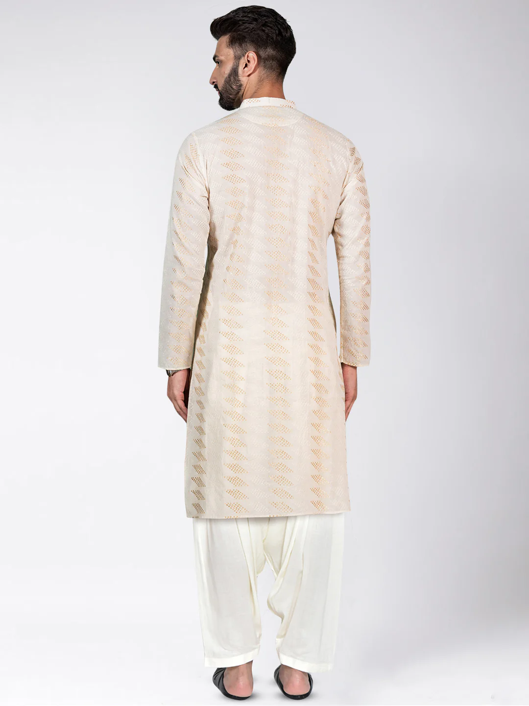 Cream Art Silk Geometric Textured Long Kurta - Image 3