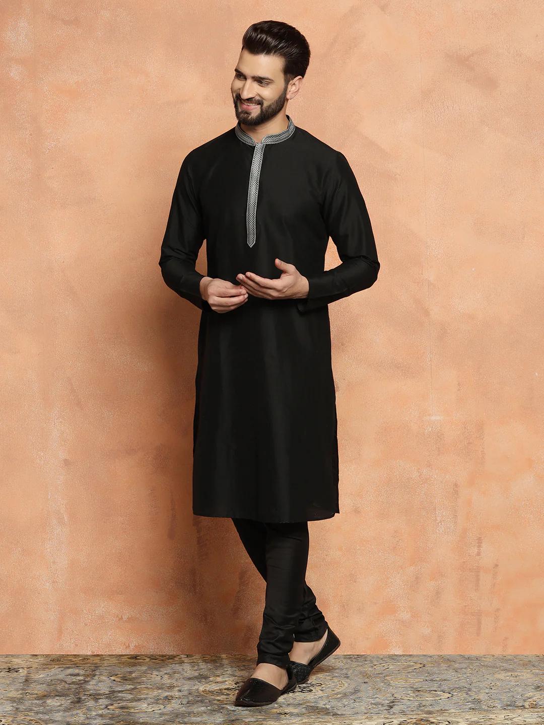 Black Cotton Silk Kurta Churidar Set - Image 3
