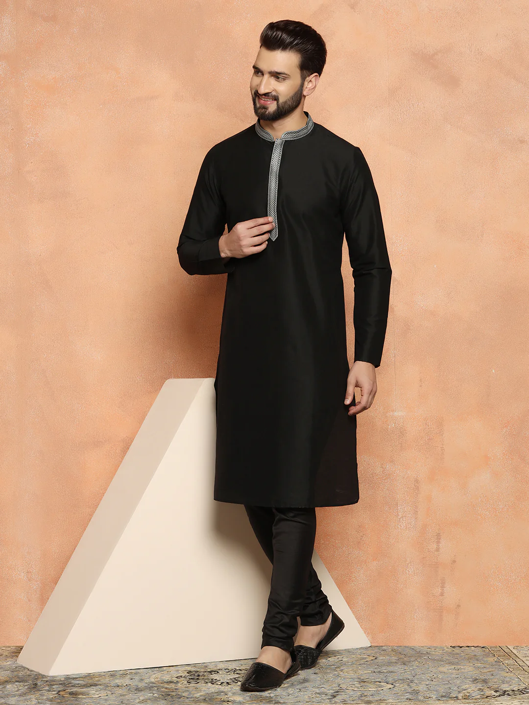 Black Cotton Silk Kurta Churidar Set - Image 7