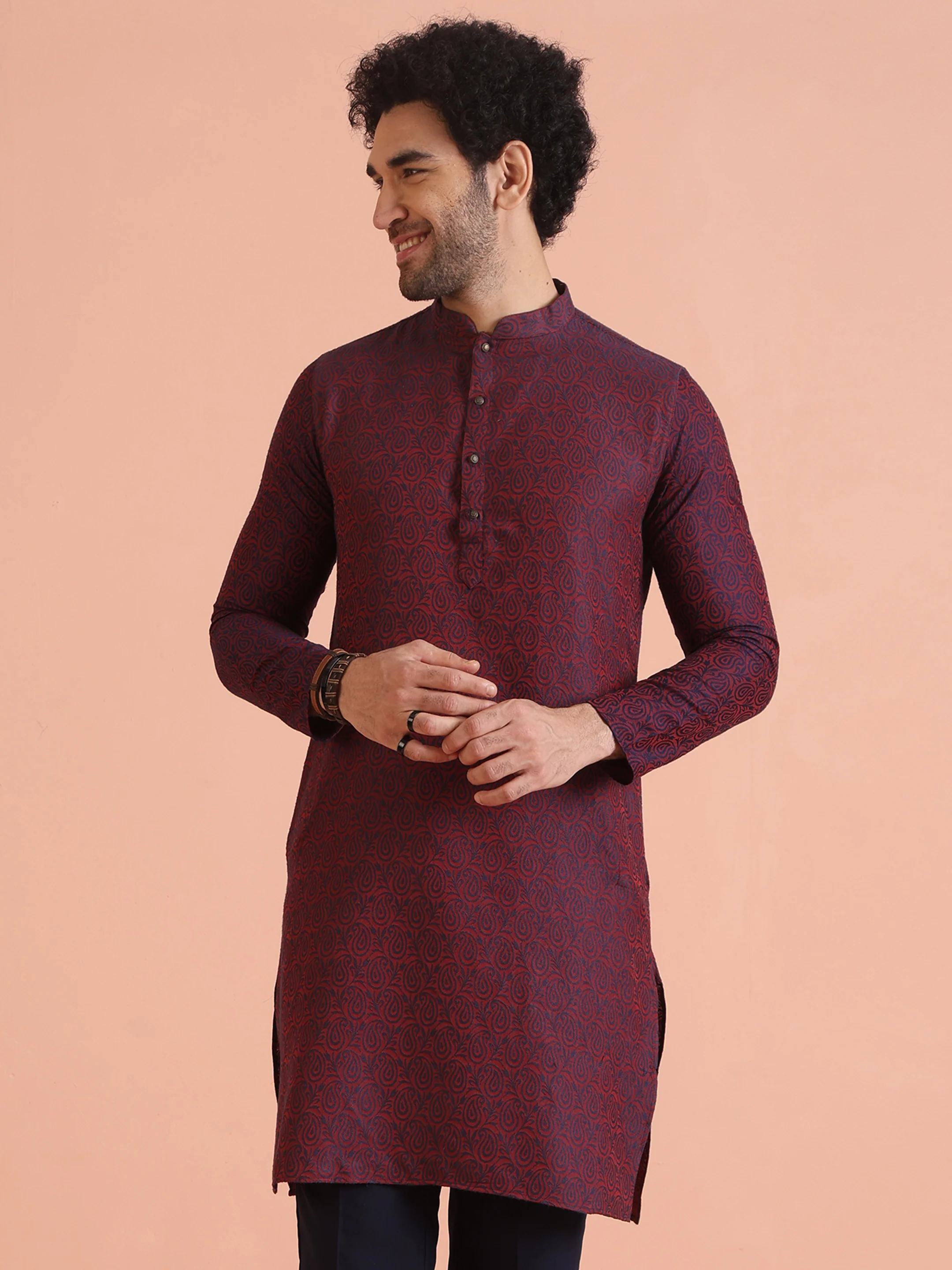 Maroon Cotton Silk Paisley Printed Kurta