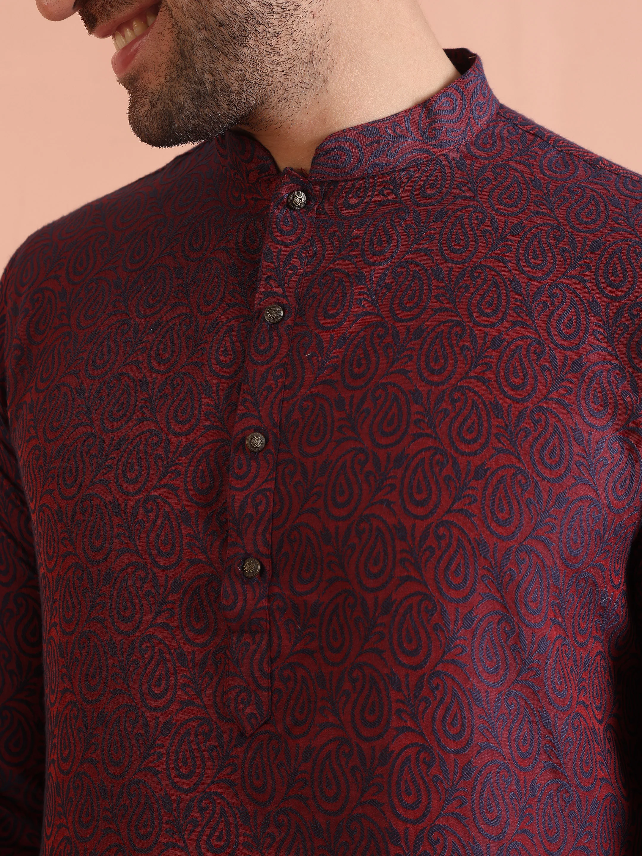 Maroon Cotton Silk Paisley Printed Kurta - Image 5