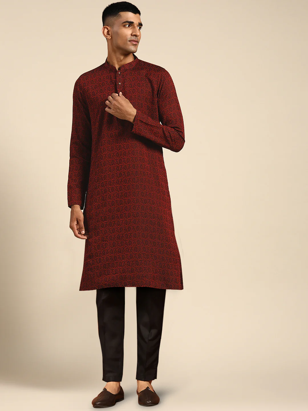 Men's Maroon Kurta Trousers Set