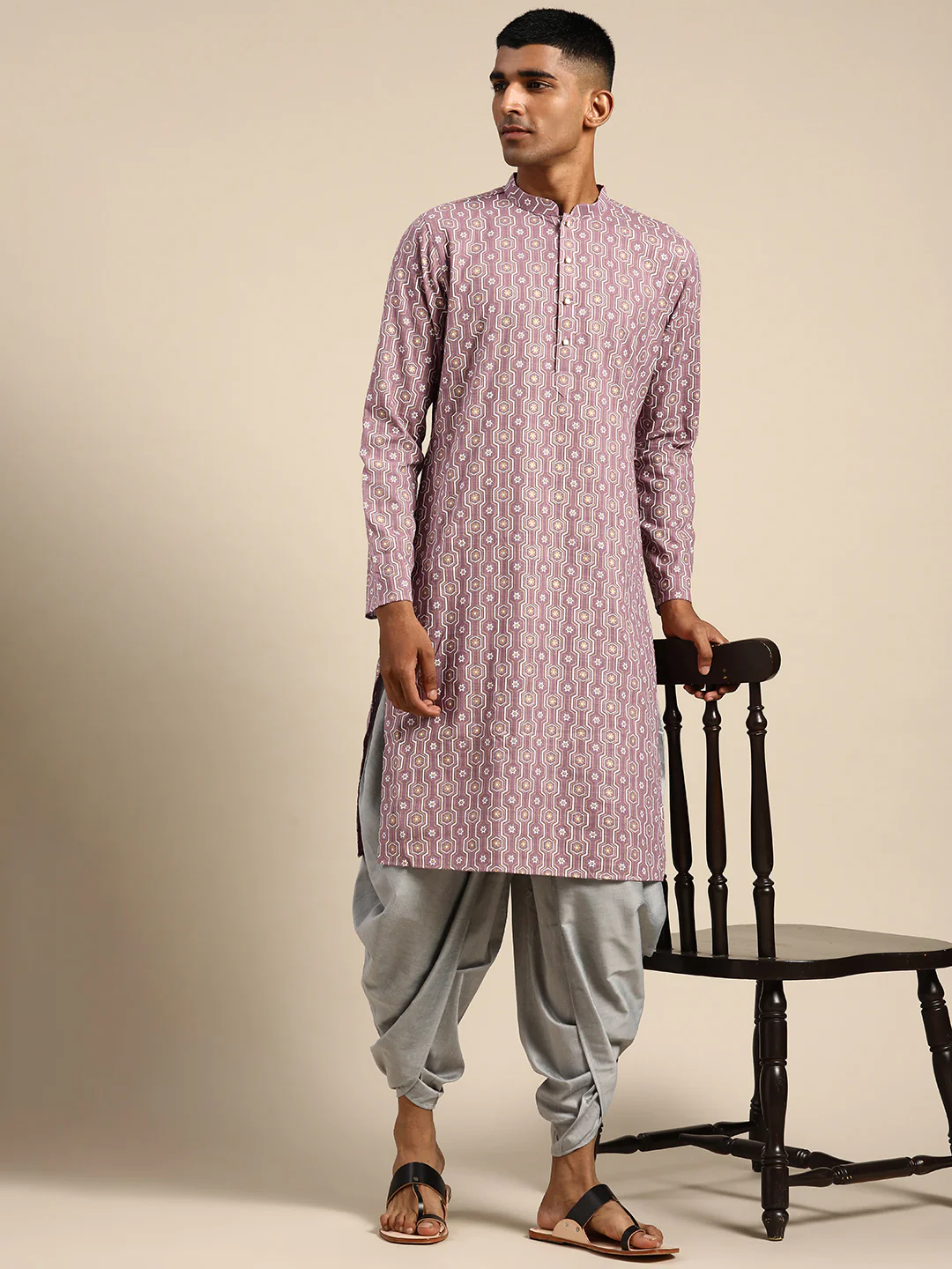 Men Purple Woven Design Kurta - Image 6