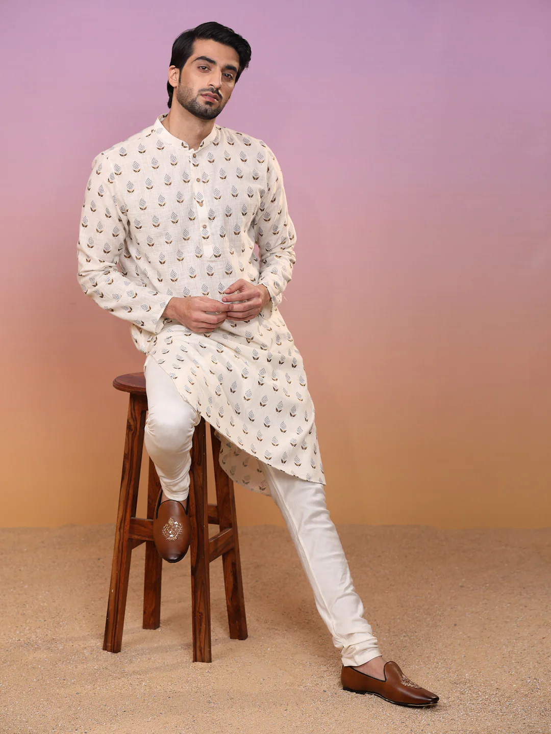 Men Cream Ethnic Motifs Kurta - Image 2