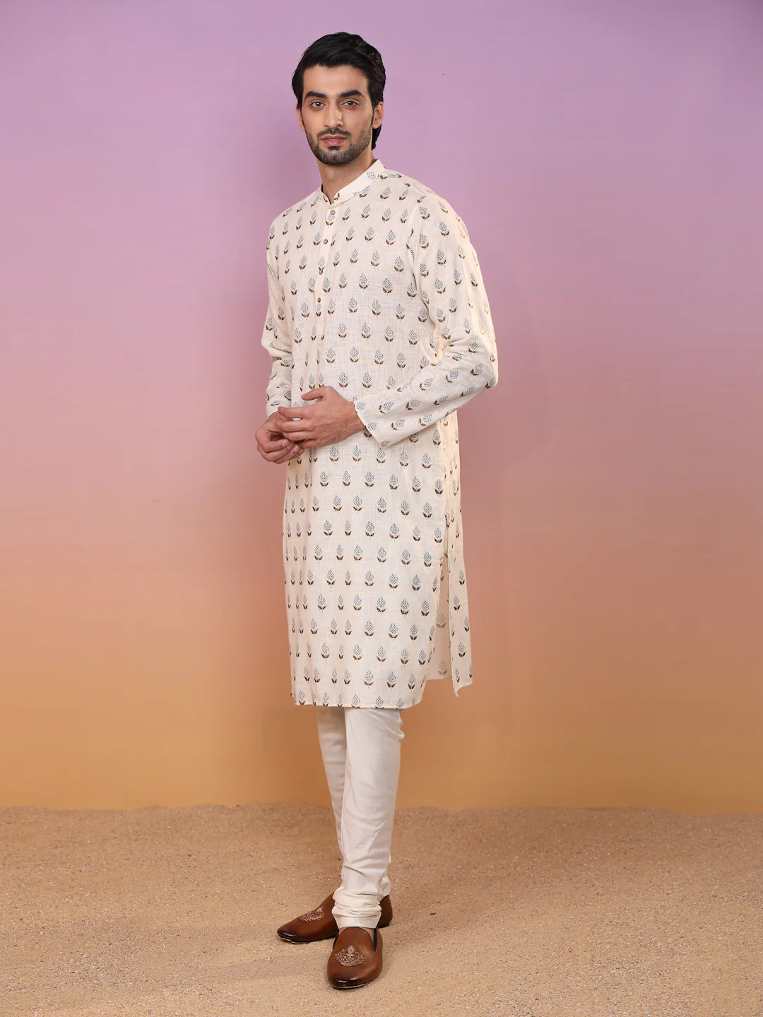Men Cream Ethnic Motifs Kurta - Image 5