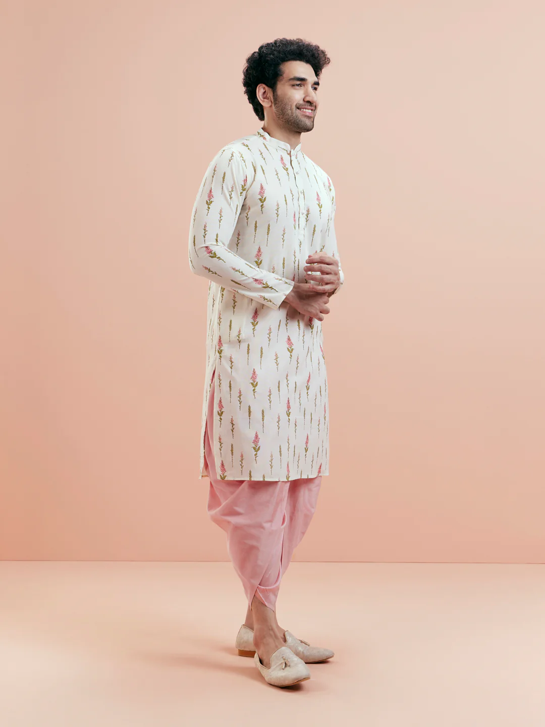 White Cotton Floral Printed Kurta Pink Dhoti Set - Image 3