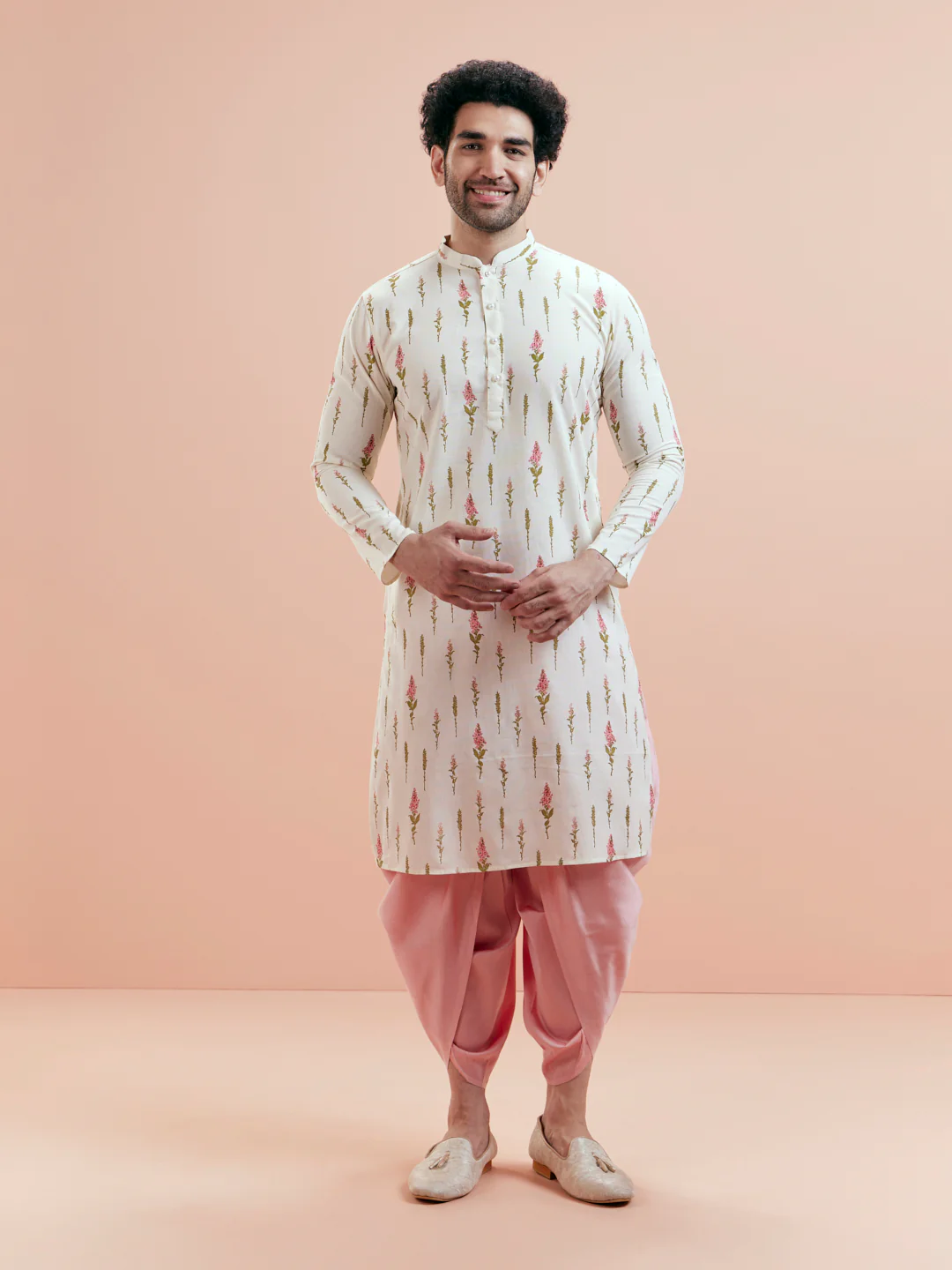 White Cotton Floral Printed Kurta Pink Dhoti Set - Image 6