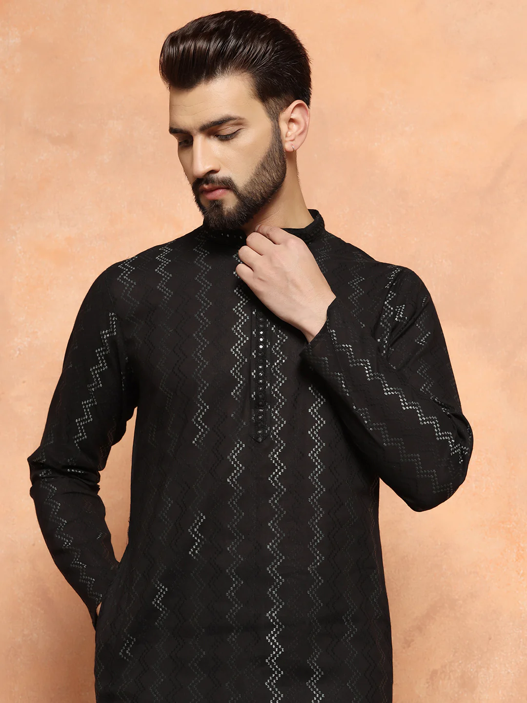 Black Jacquard Woven Silk Blend Kurta - Image 3