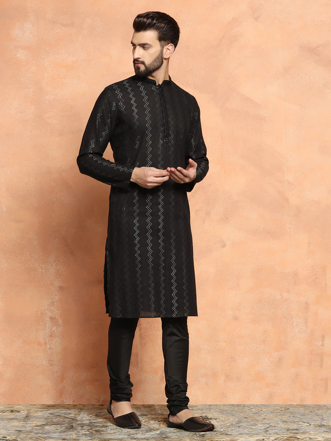Black Jacquard Woven Silk Blend Kurta - Image 4