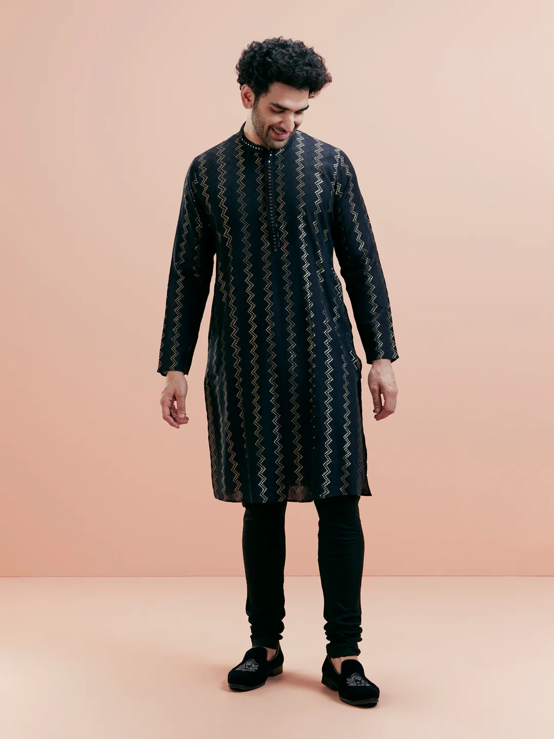 Black Jacquard Kurta Churidar Set - Image 4