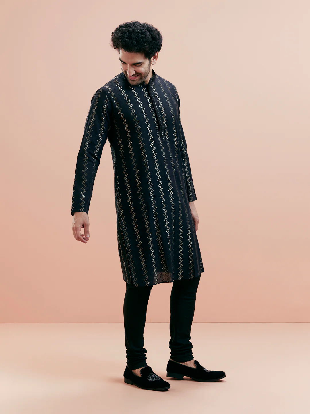 Black Jacquard Kurta Churidar Set - Image 4