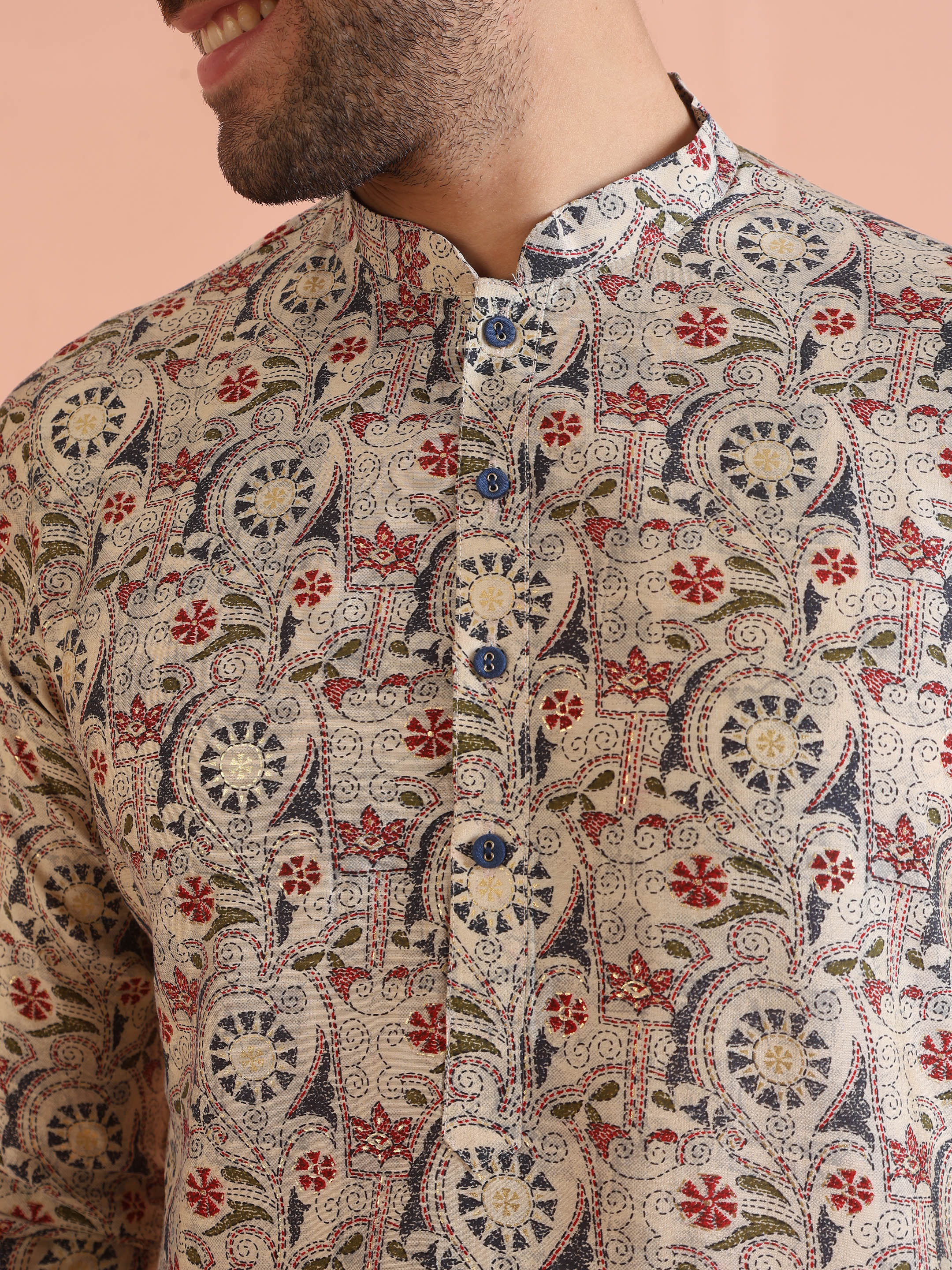 Multicolor Beige Printed Cotton Kurta - Image 6