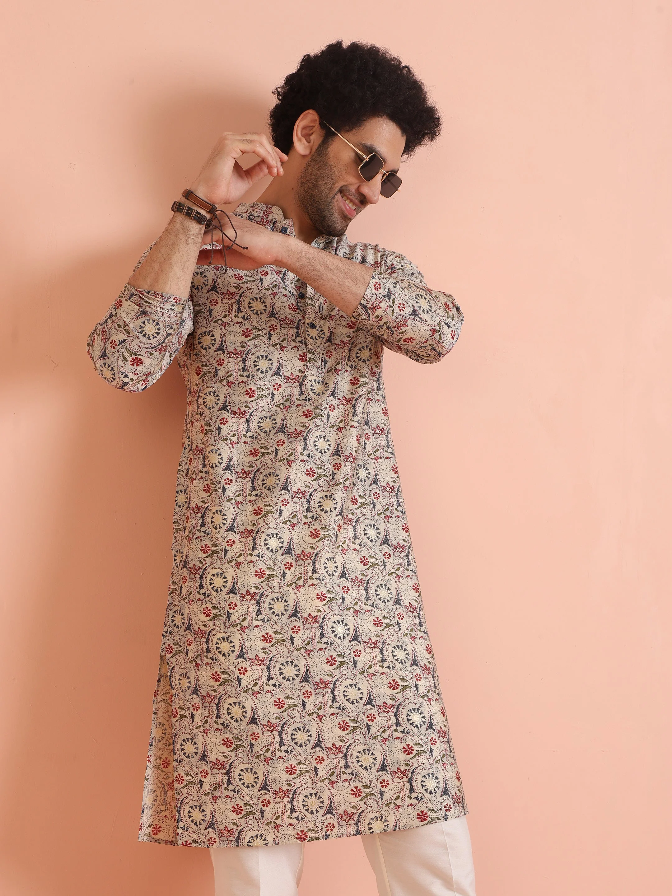 Multicolor Beige Printed Cotton Kurta - Image 9