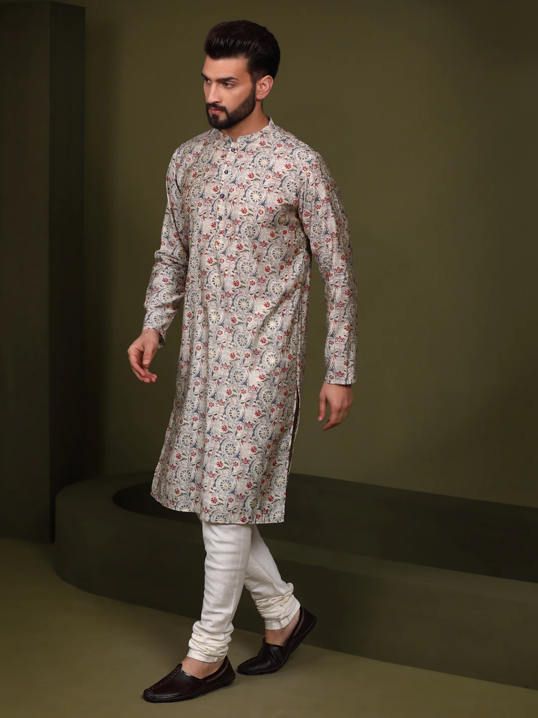 Cream Cotton Printed Kurta Churidar Set - Image 4