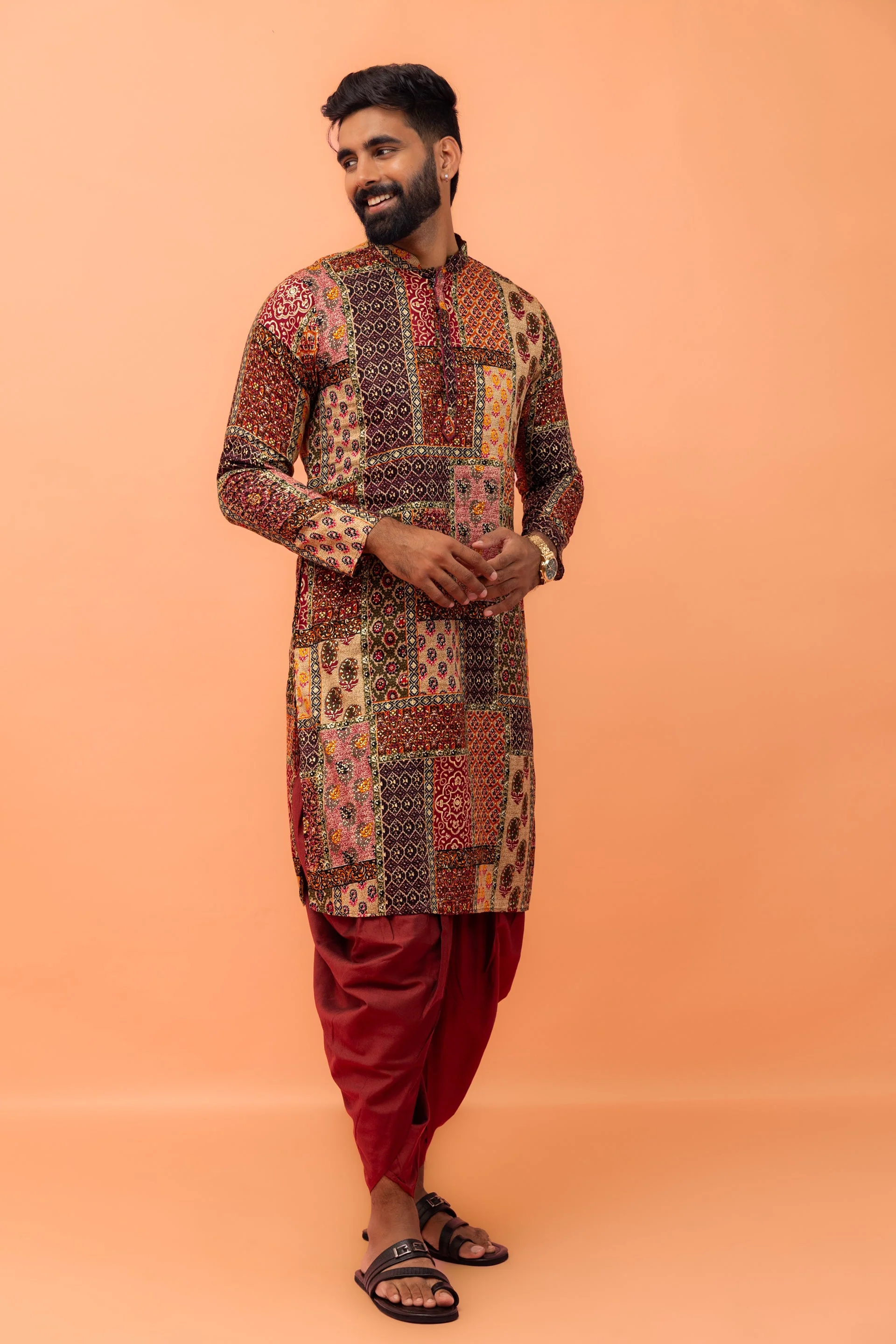 Men Multi-Color Patchwork Printed Kurta with Maroon Dhoti Set - Image 13