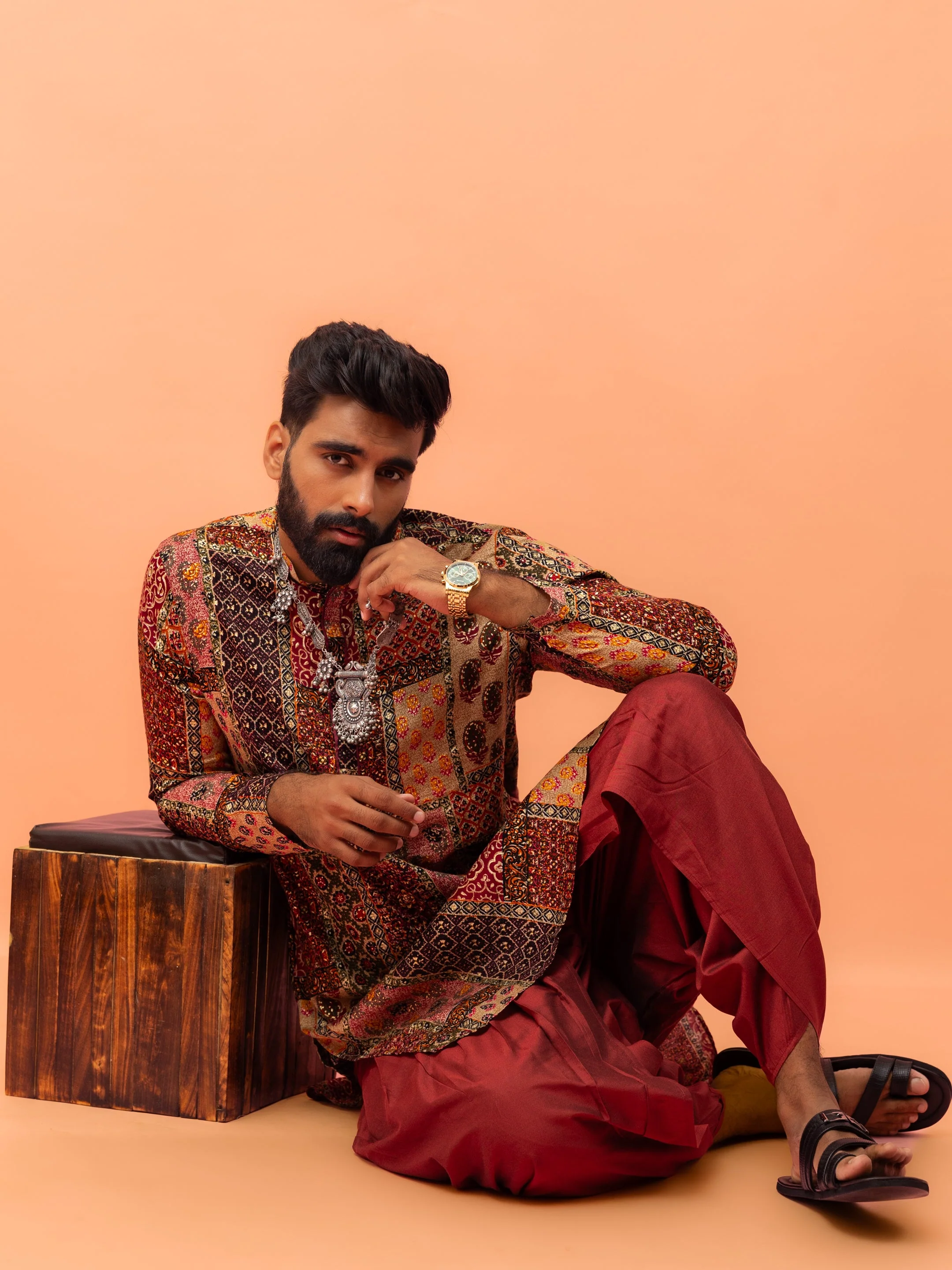 Men Multi-Color Patchwork Printed Kurta with Maroon Dhoti Set - Image 15