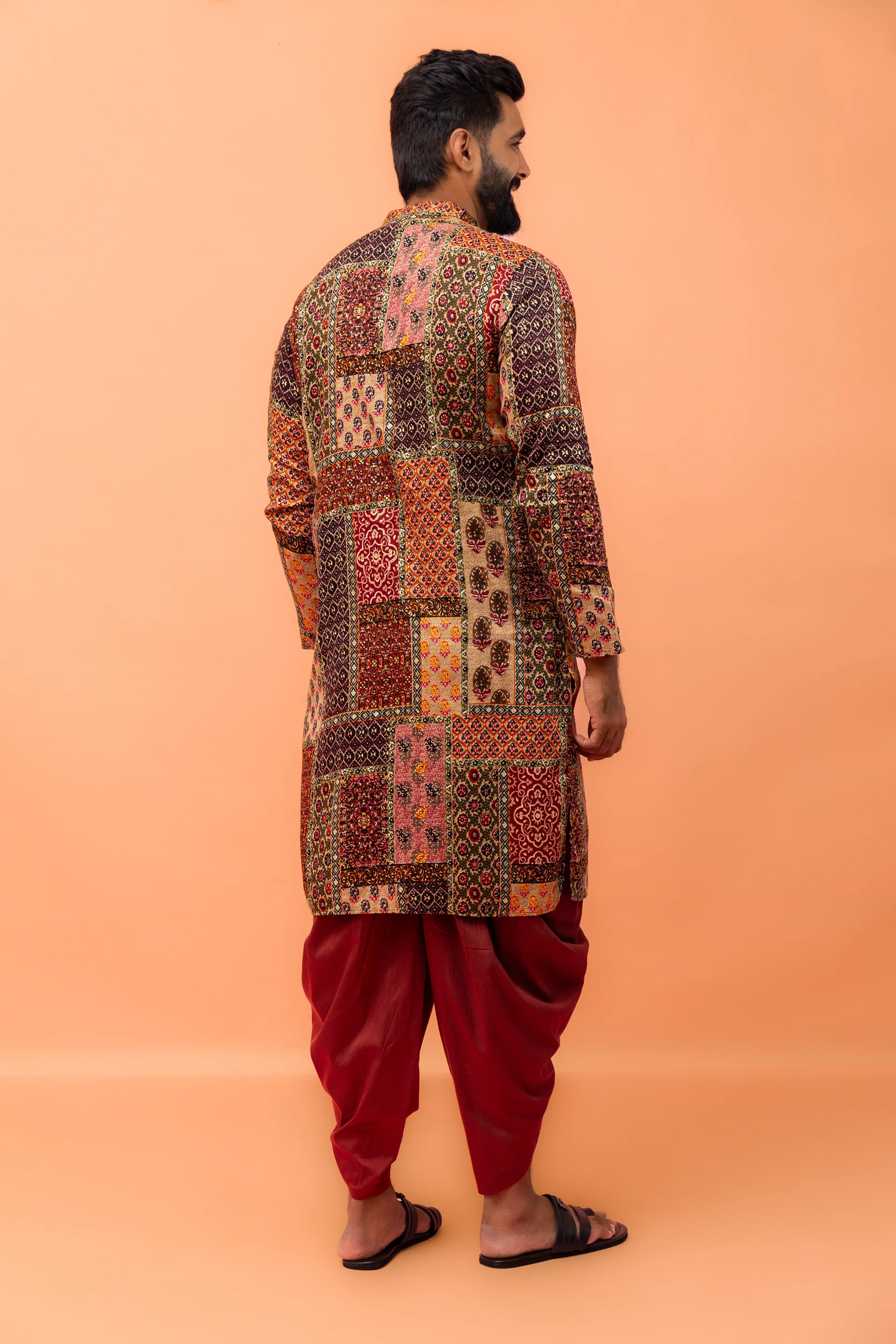 Men Multi-Color Patchwork Printed Kurta with Maroon Dhoti Set - Image 3