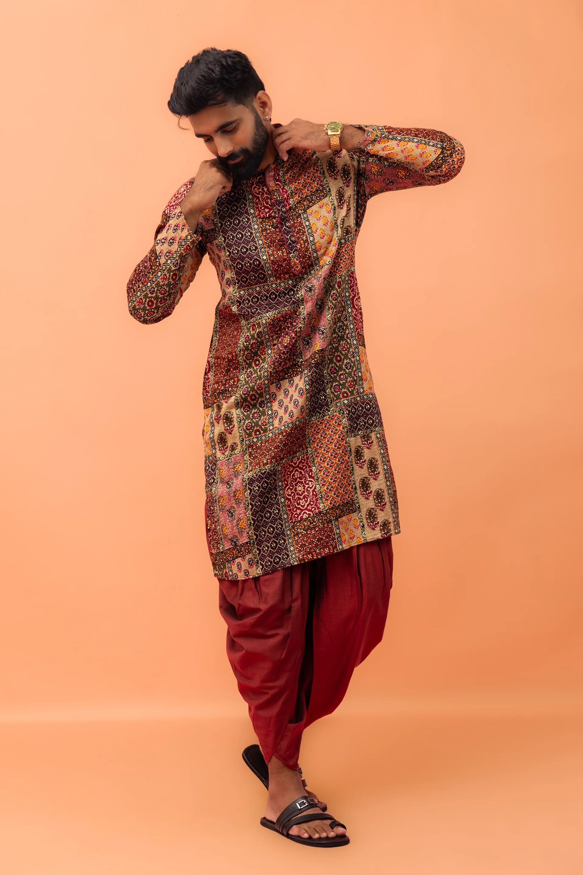Men Multi-Color Patchwork Printed Kurta with Maroon Dhoti Set - Image 5