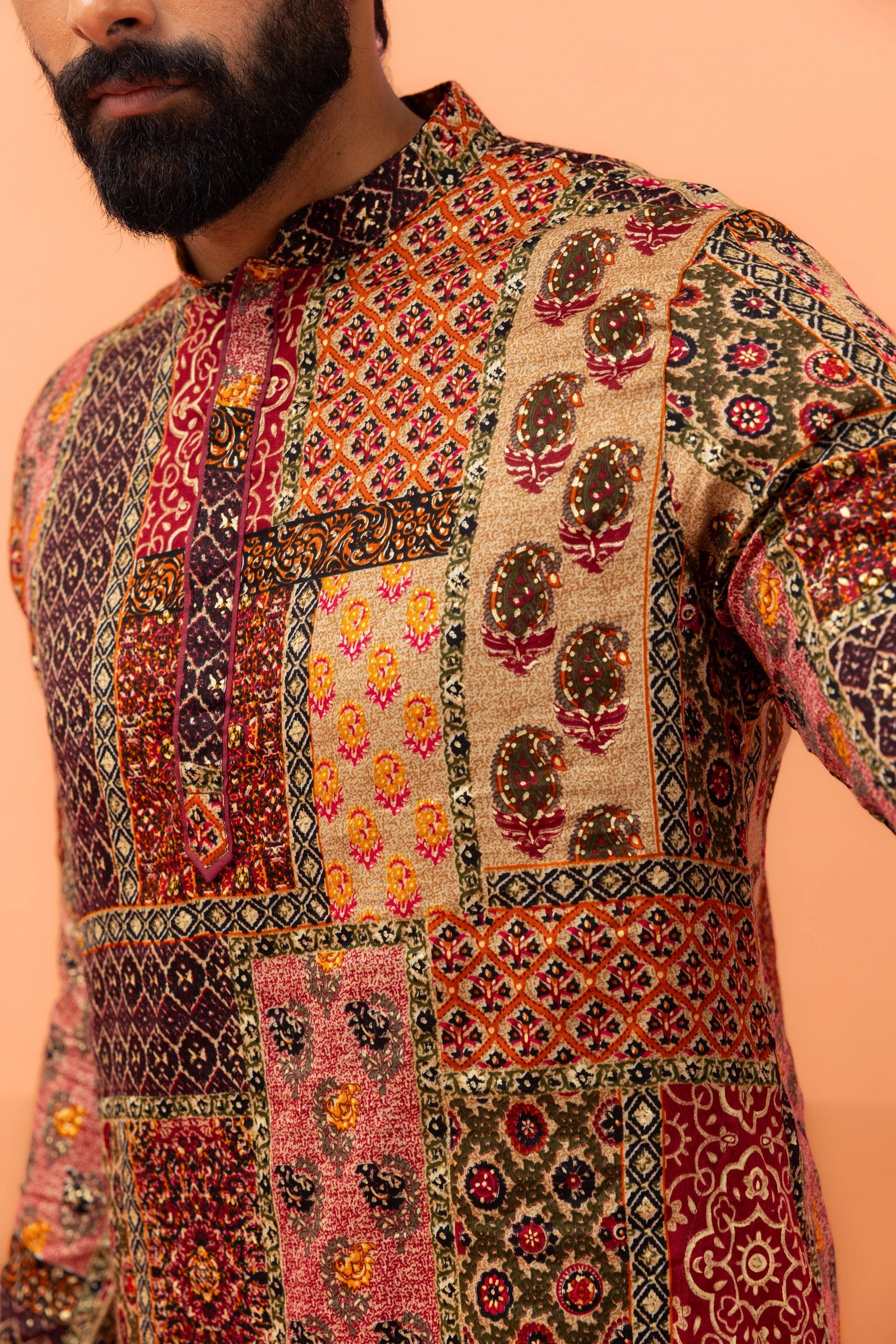 Men Multi-Color Patchwork Printed Kurta with Maroon Dhoti Set - Image 9