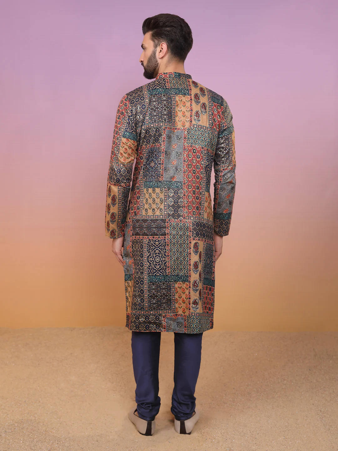 Multi-Color Patchwork Kurta with Navy Churidar - Image 4