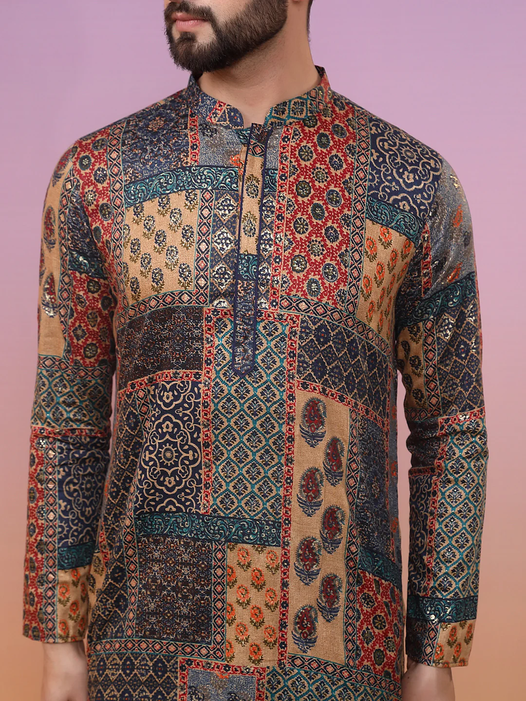 Multi-Color Patchwork Kurta with Navy Churidar - Image 5