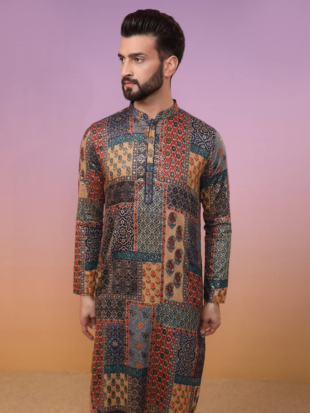 Multi-Color Patchwork Kurta with Navy Churidar - Image 7