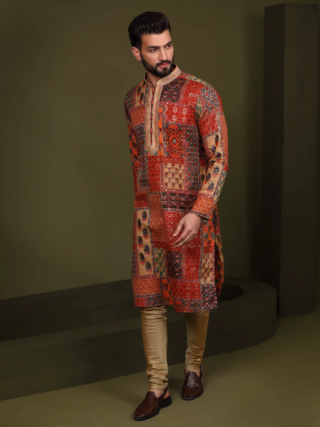 Multi Color Silk Blend Printed Kurta Churidar - Image 3
