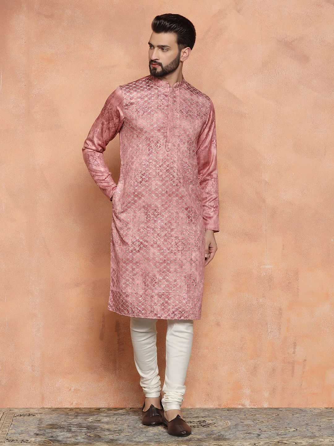 Pink Silk Blend Textured Kurta Churidar - Image 3