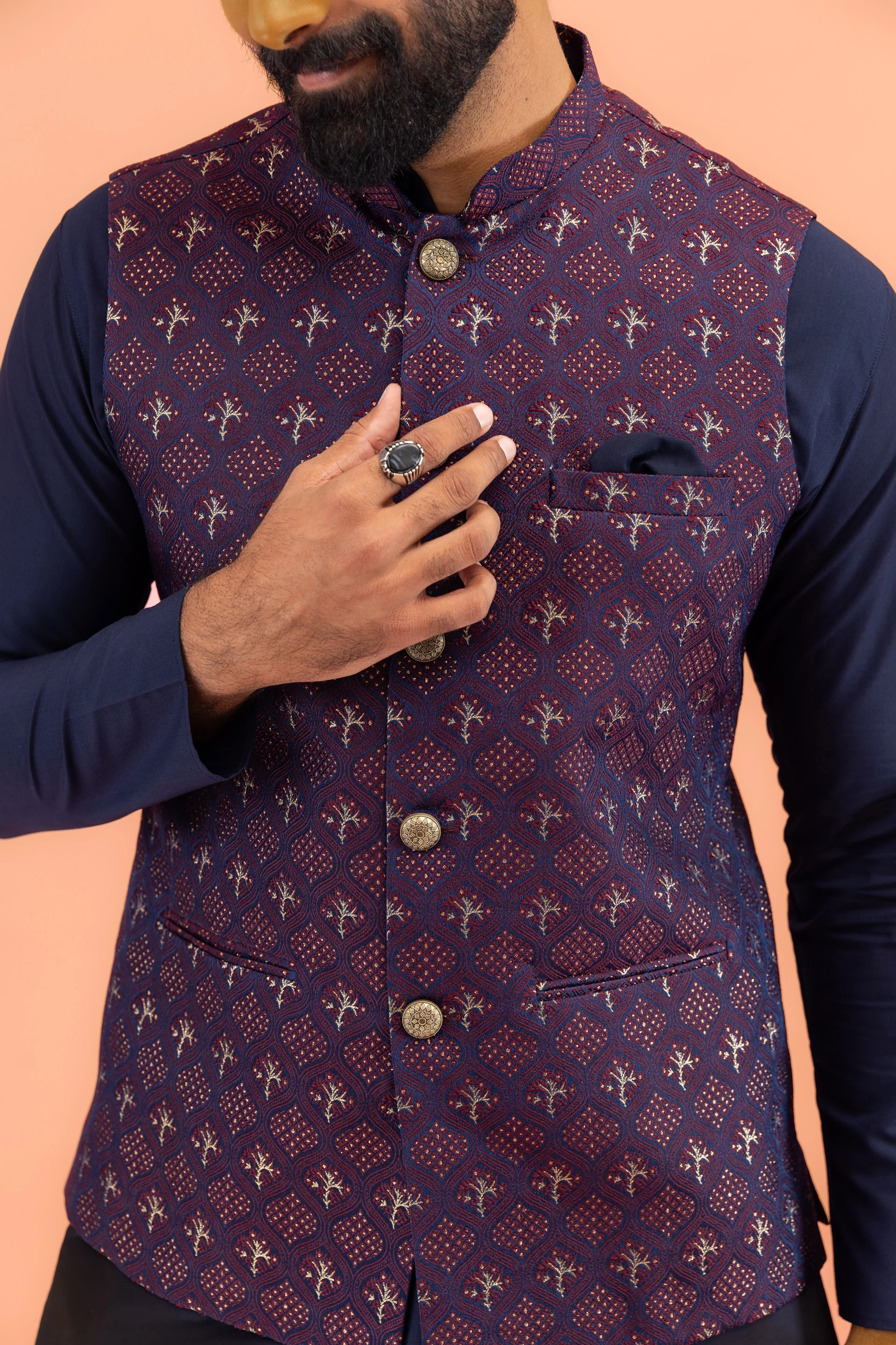 Maroon Textured Jacket Kurta Trouser Set - Image 5