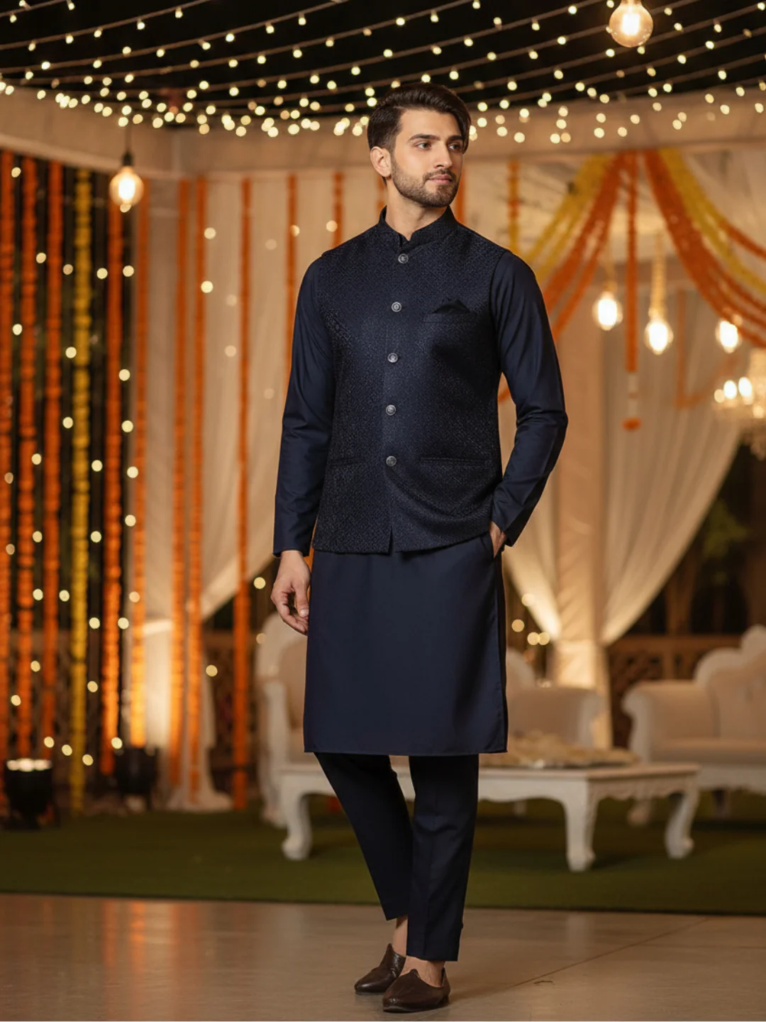 Navy Blue Silk Blend Textured Jacket Kurta Trouser - Image 10