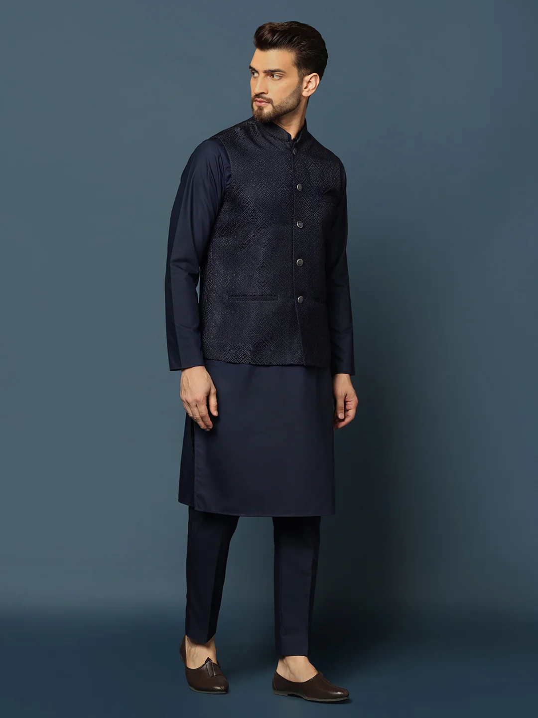 Navy Blue Silk Blend Textured Jacket Kurta Trouser - Image 3