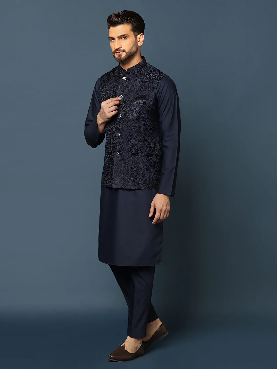 Navy Blue Silk Blend Textured Jacket Kurta Trouser - Image 4