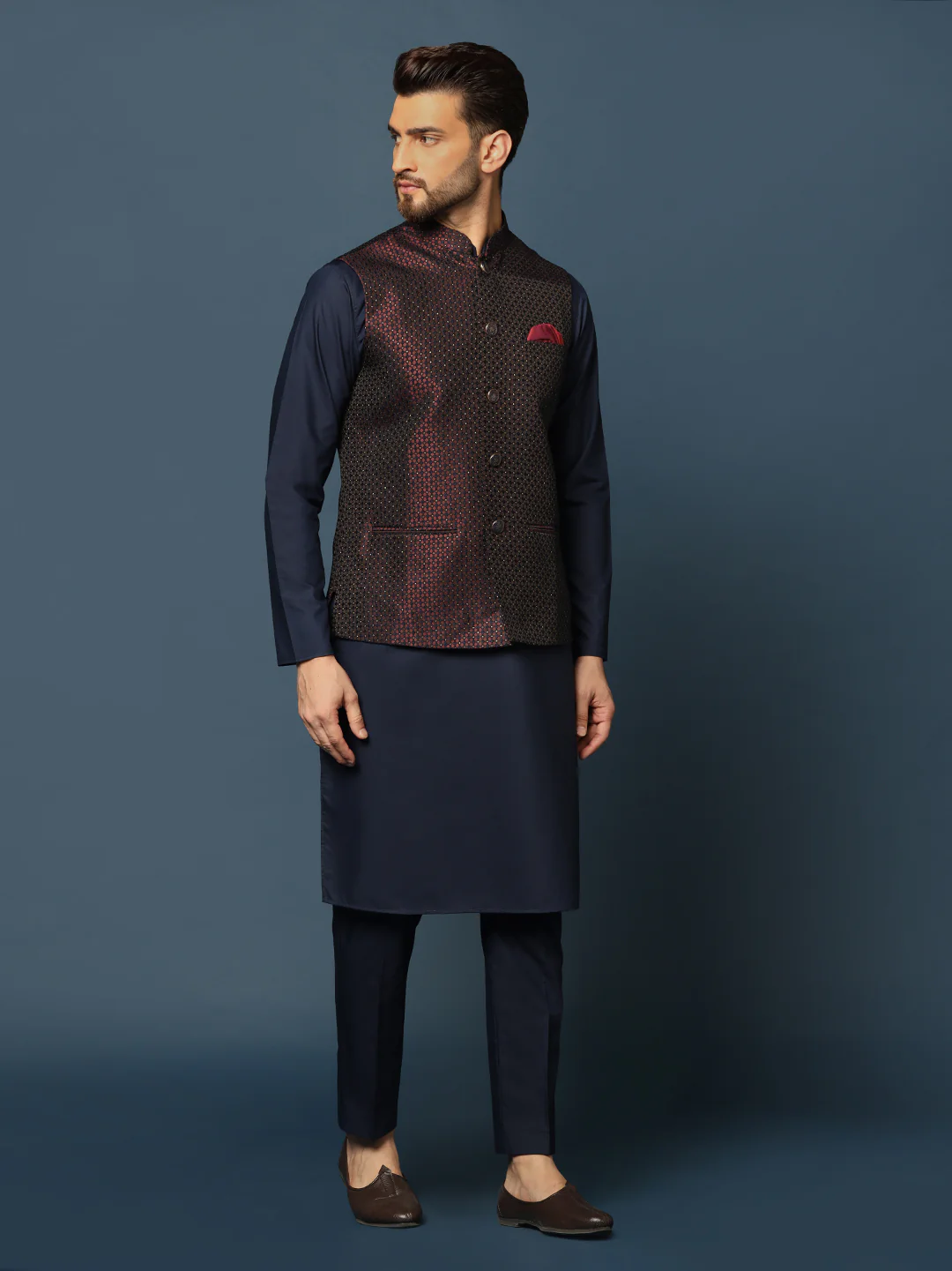 Wine Blue Geometric Jacket Kurta Trouser Set - Image 2