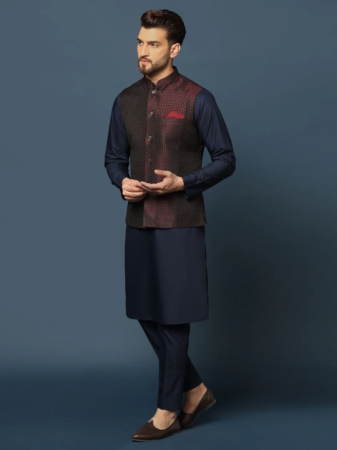 Wine Blue Geometric Jacket Kurta Trouser Set - Image 3