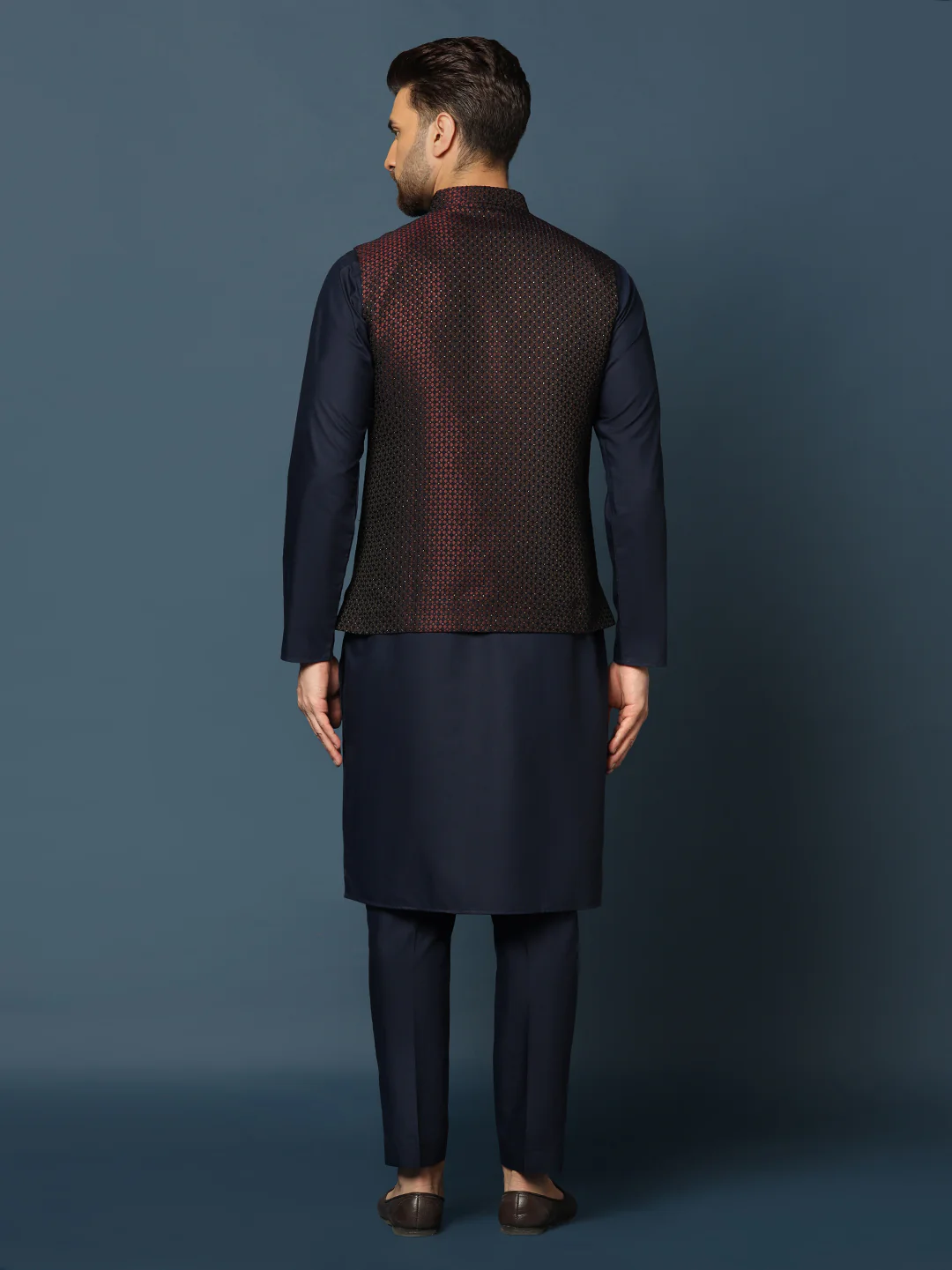 Wine Blue Geometric Jacket Kurta Trouser Set - Image 4
