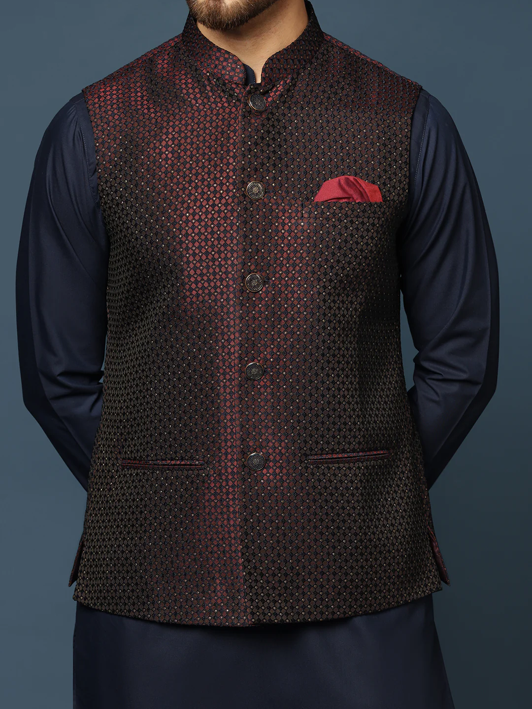 Wine Blue Geometric Jacket Kurta Trouser Set - Image 6