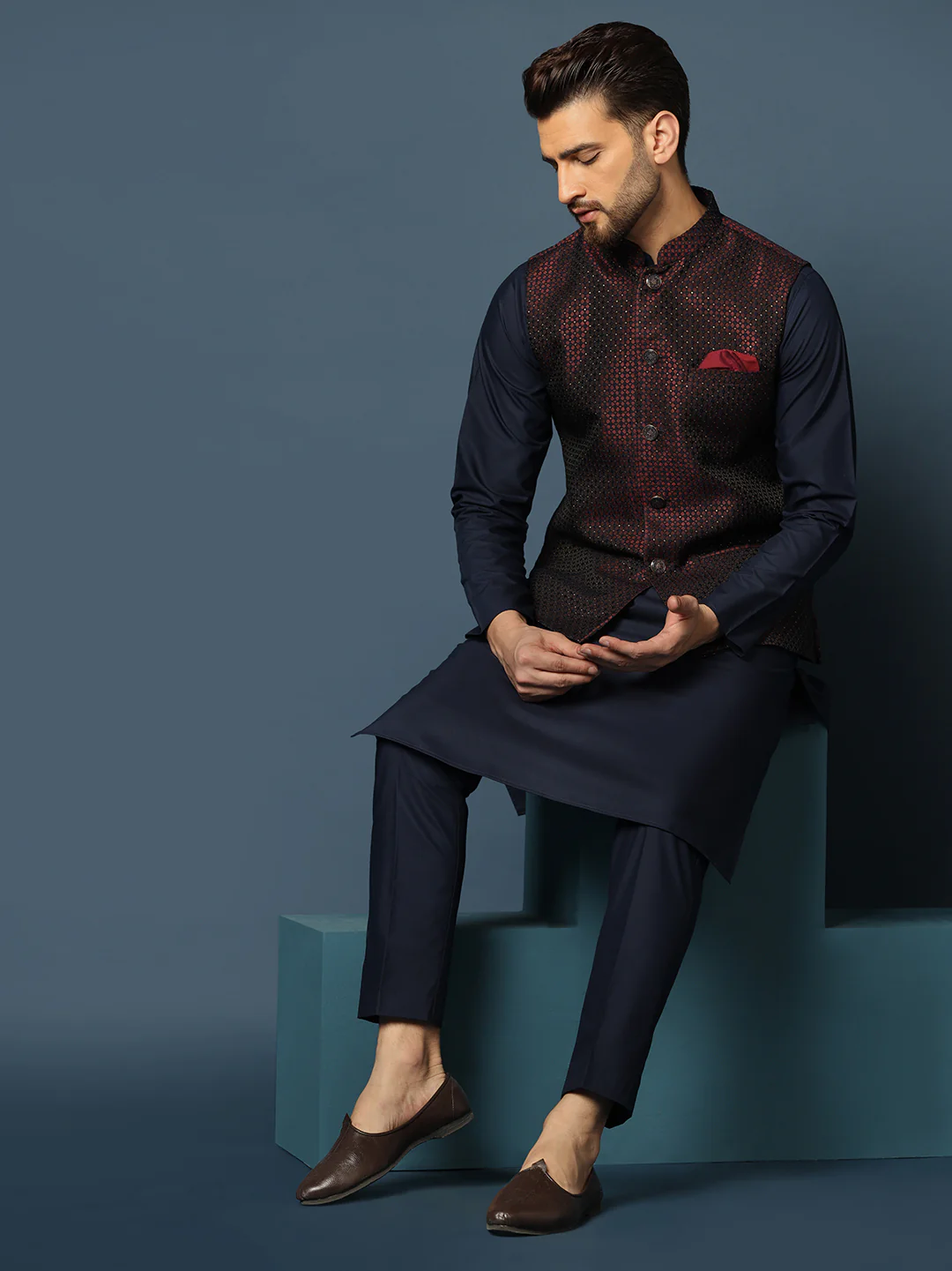 Wine Blue Geometric Jacket Kurta Trouser Set - Image 8