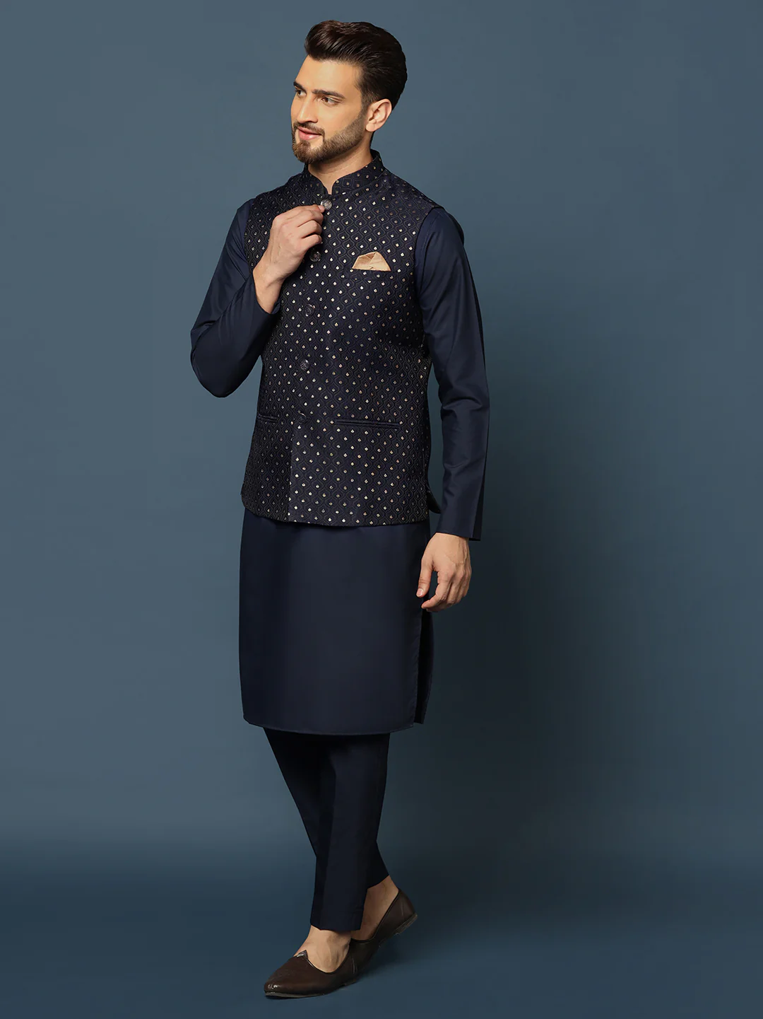 Navy Blue Embellished Nehru Jacket Kurta Set - Image 3